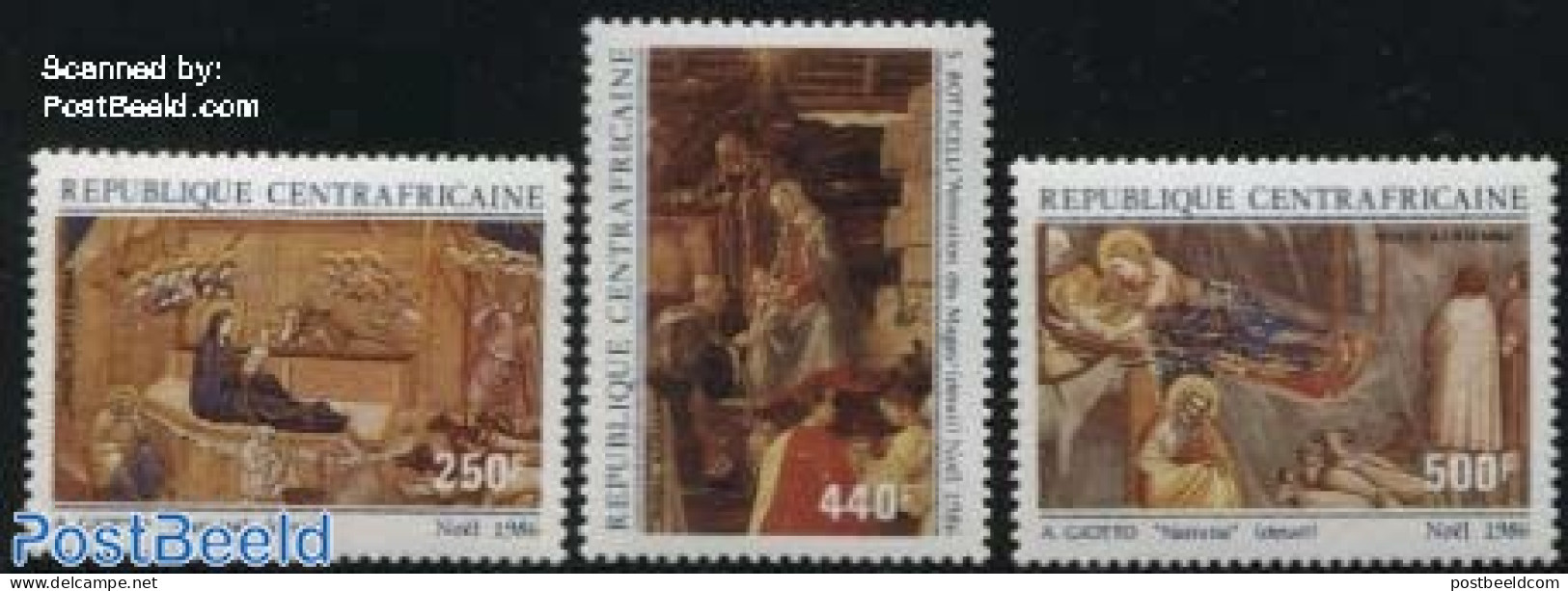 Central Africa 1986 Christmas 3v, Mint NH, Religion - Christmas - Art - Paintings - Natale