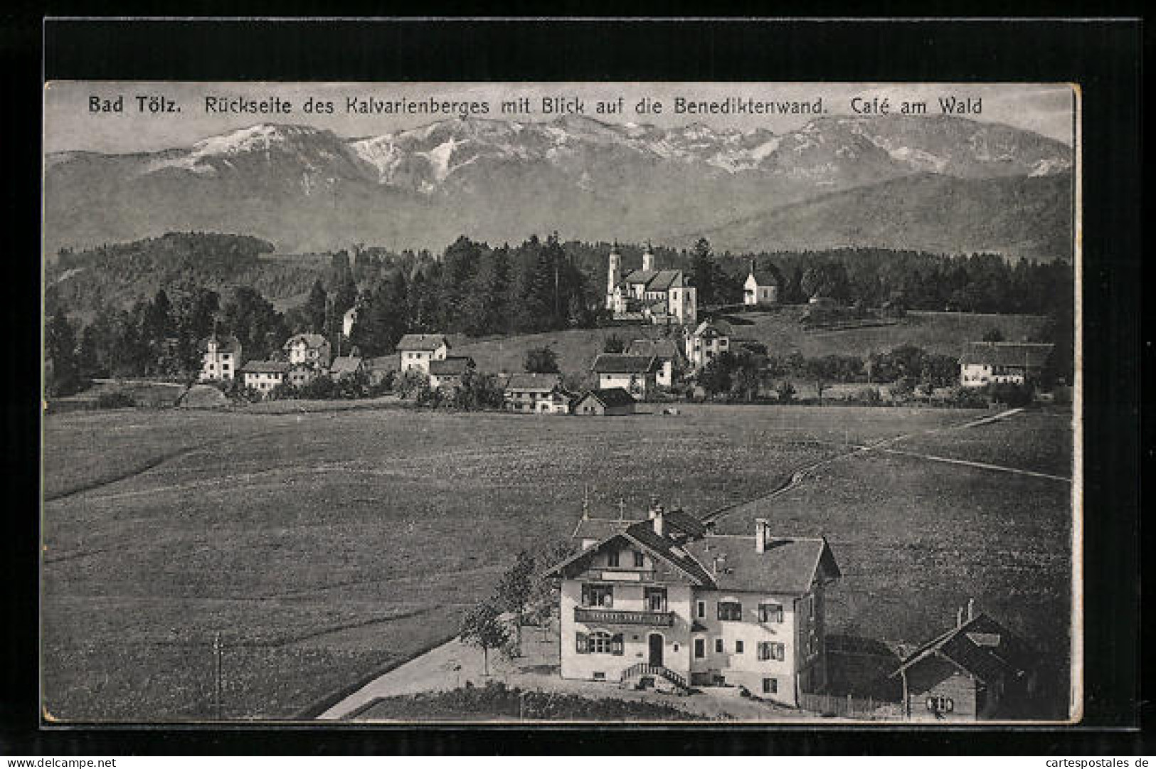 AK Bad Tölz, Café Am Wald, Rückseite Des Kalvarienberges Mit Blick Auf Die Benediktenwand  - Bad Toelz