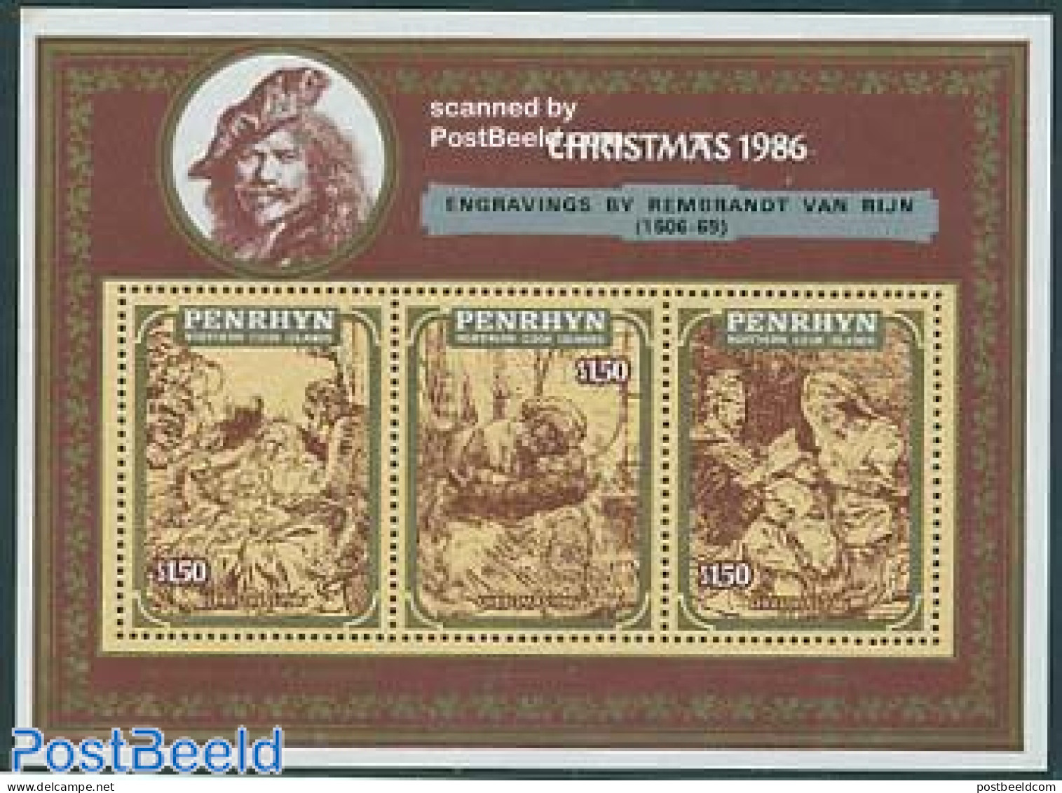Penrhyn 1986 Christmas S/s, Mint NH, Religion - Christmas - Art - Paintings - Rembrandt - Natale