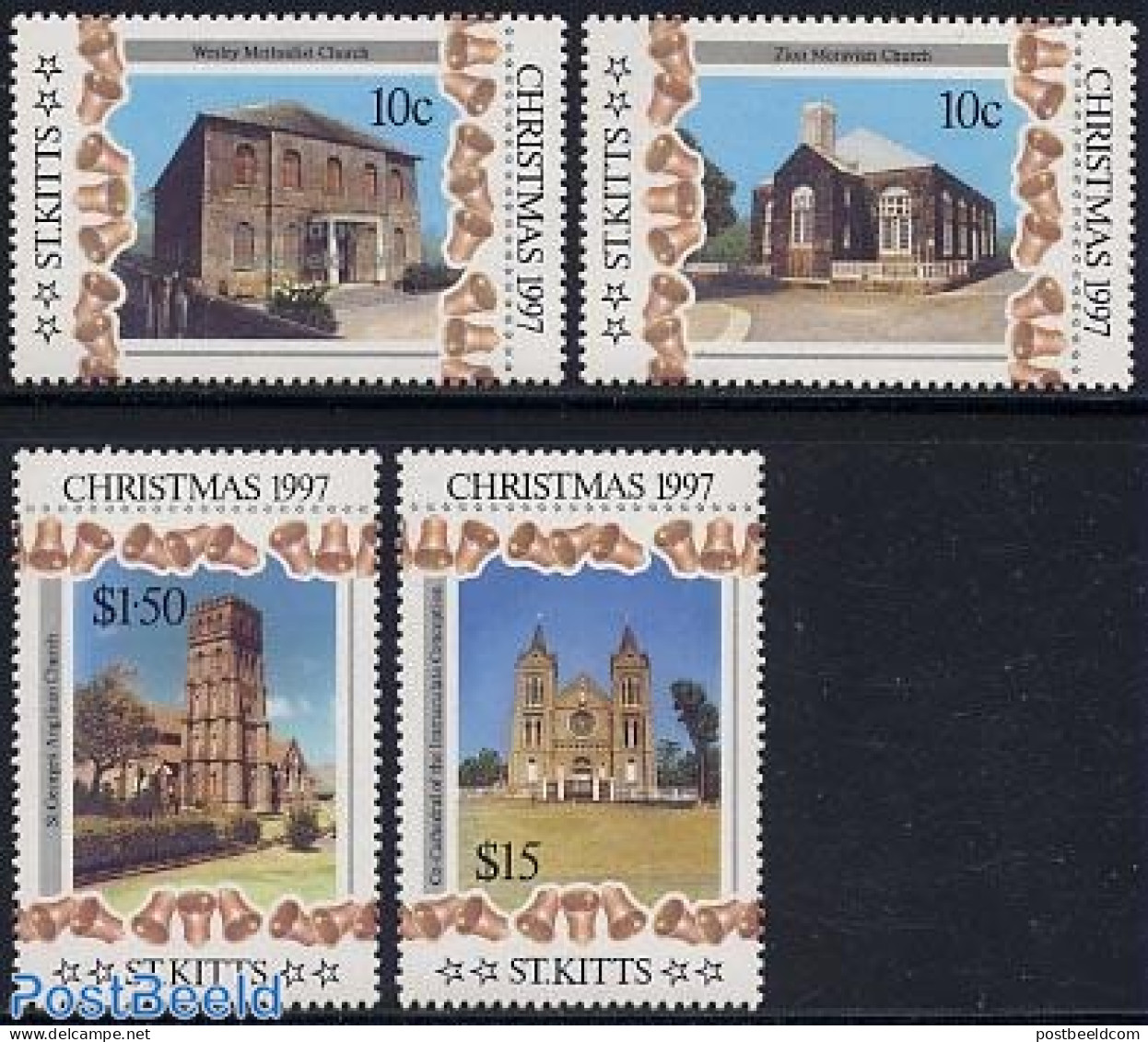 Saint Kitts/Nevis 1997 Christmas, Churches 4v, Mint NH, Religion - Christmas - Churches, Temples, Mosques, Synagogues - Noël