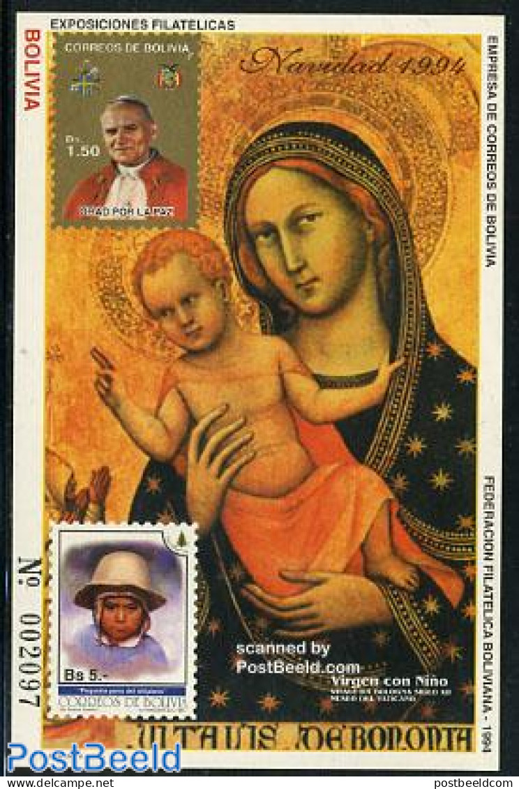 Bolivia 1994 Christmas, Paintings S/s, Mint NH, Religion - Christmas - Pope - Art - Paintings - Weihnachten