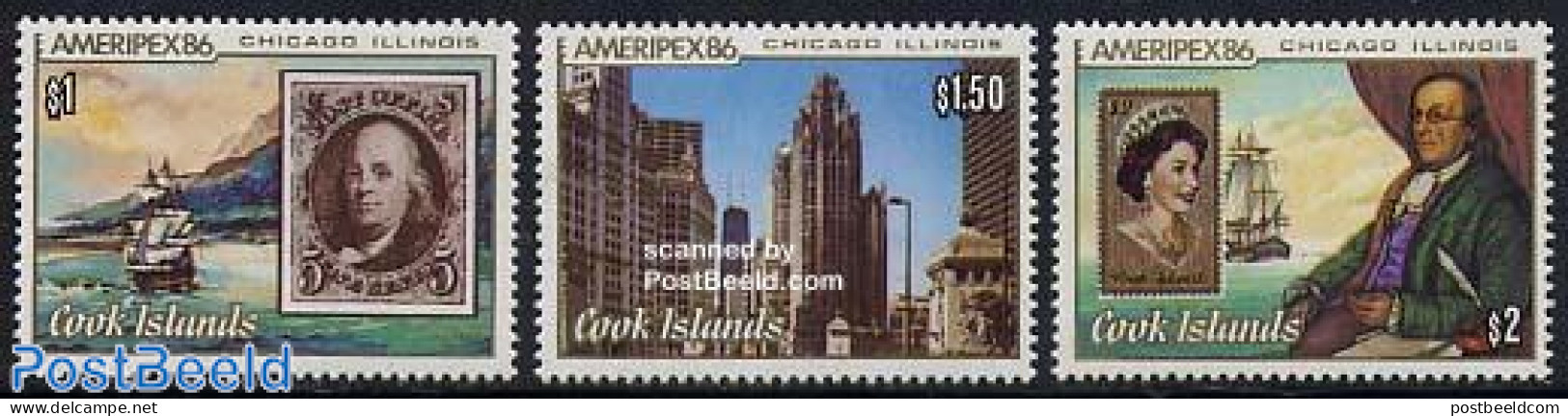 Cook Islands 1986 Ameripex 3v, Mint NH, Transport - Stamps On Stamps - Ships And Boats - Timbres Sur Timbres
