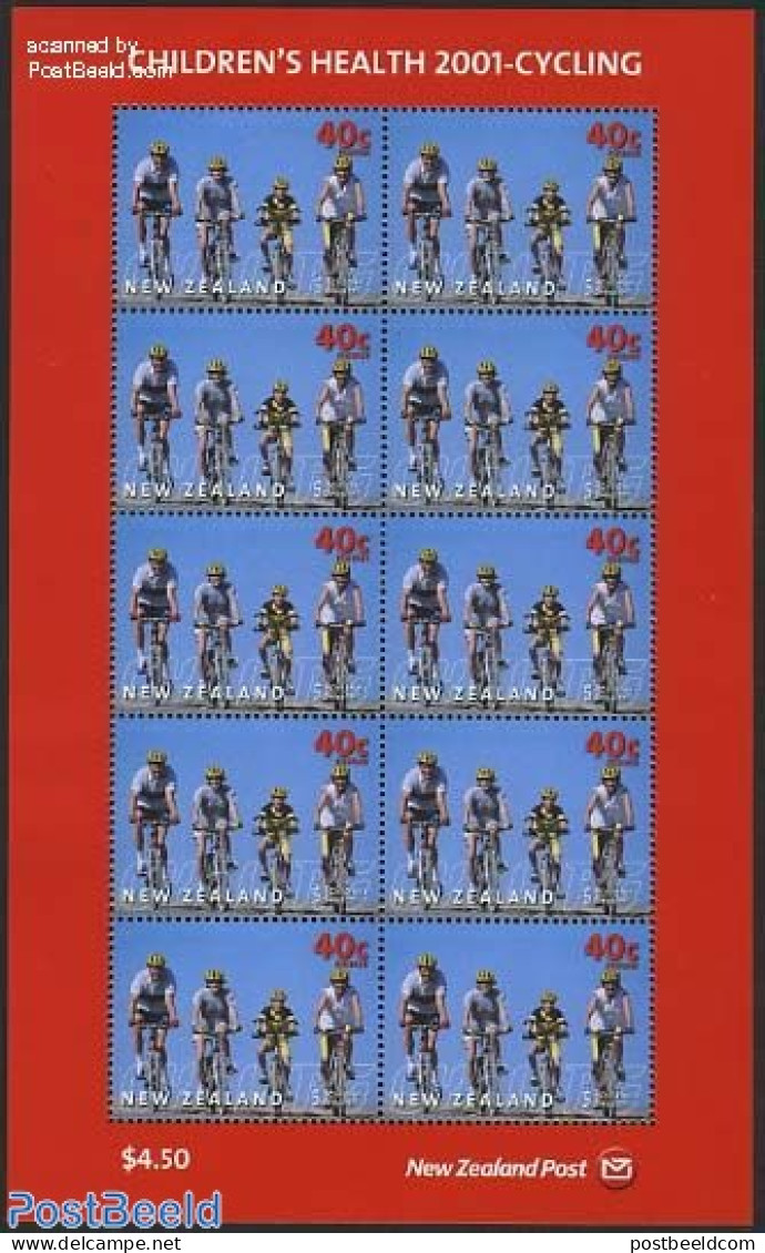 New Zealand 2001 Health, Cycling 1v M/s (with 10 Stamps), Mint NH, Sport - Cycling - Unused Stamps
