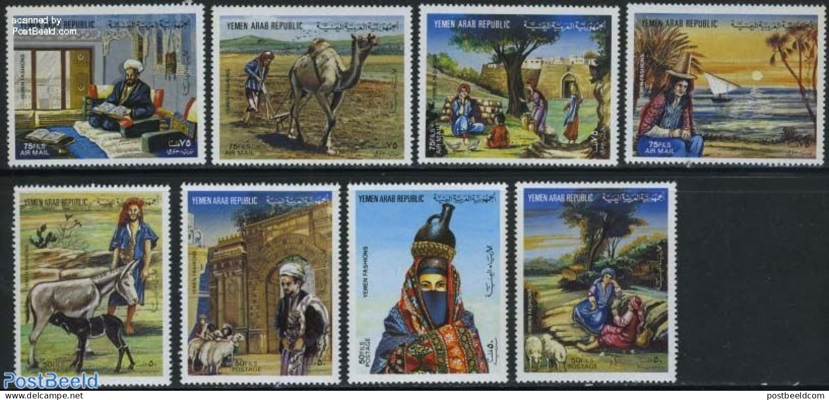 Yemen, Arab Republic 1983 Folklore 8v, Mint NH, Nature - Transport - Various - Camels - Cattle - Ships And Boats - Agr.. - Schiffe