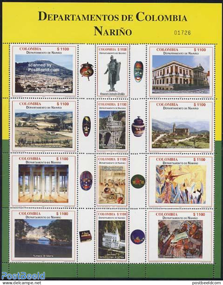Colombia 2004 Narino 12v M/s, Mint NH, Religion - Churches, Temples, Mosques, Synagogues - Art - Modern Art (1850-pres.. - Kirchen U. Kathedralen