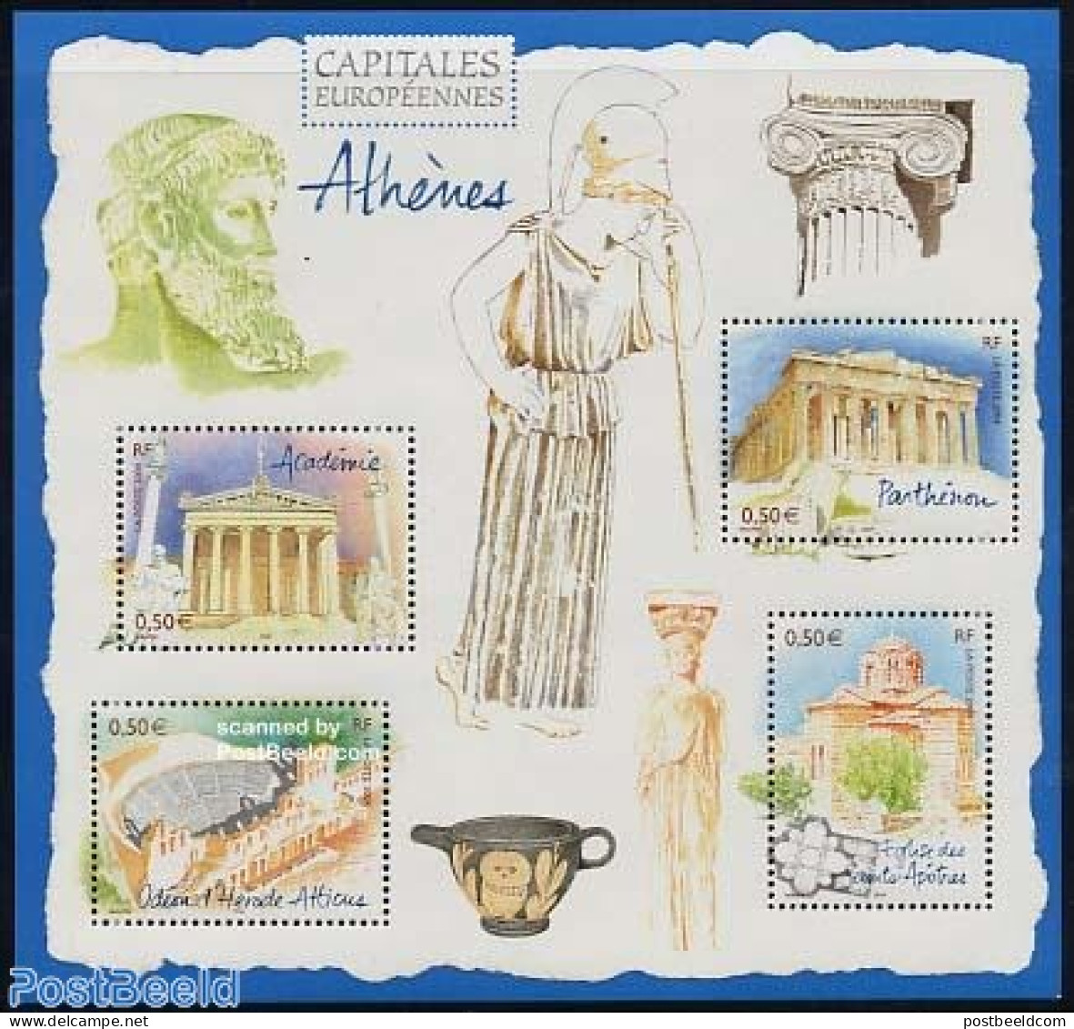France 2004 Athens 4v M/s, Mint NH, History - Europa Hang-on Issues - Art - Architecture - Neufs