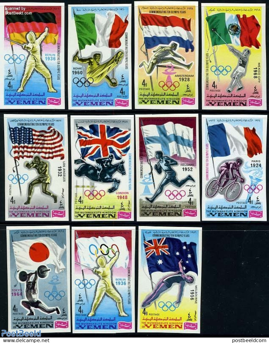 Yemen, Kingdom 1968 Flags From Olympic Guest Countries 11v Imperforate, Mint NH, History - Nature - Sport - Flags - Ne.. - Geographie