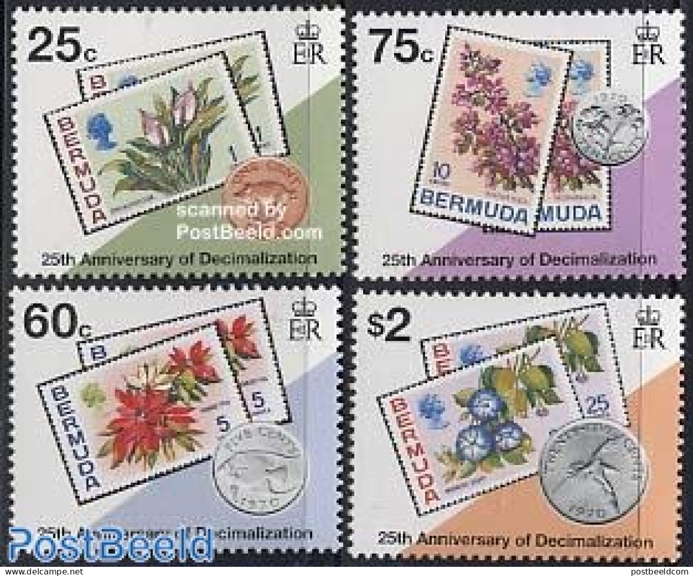 Bermuda 1995 Decimal System 4v, Mint NH, Nature - Various - Flowers & Plants - Stamps On Stamps - Money On Stamps - Briefmarken Auf Briefmarken