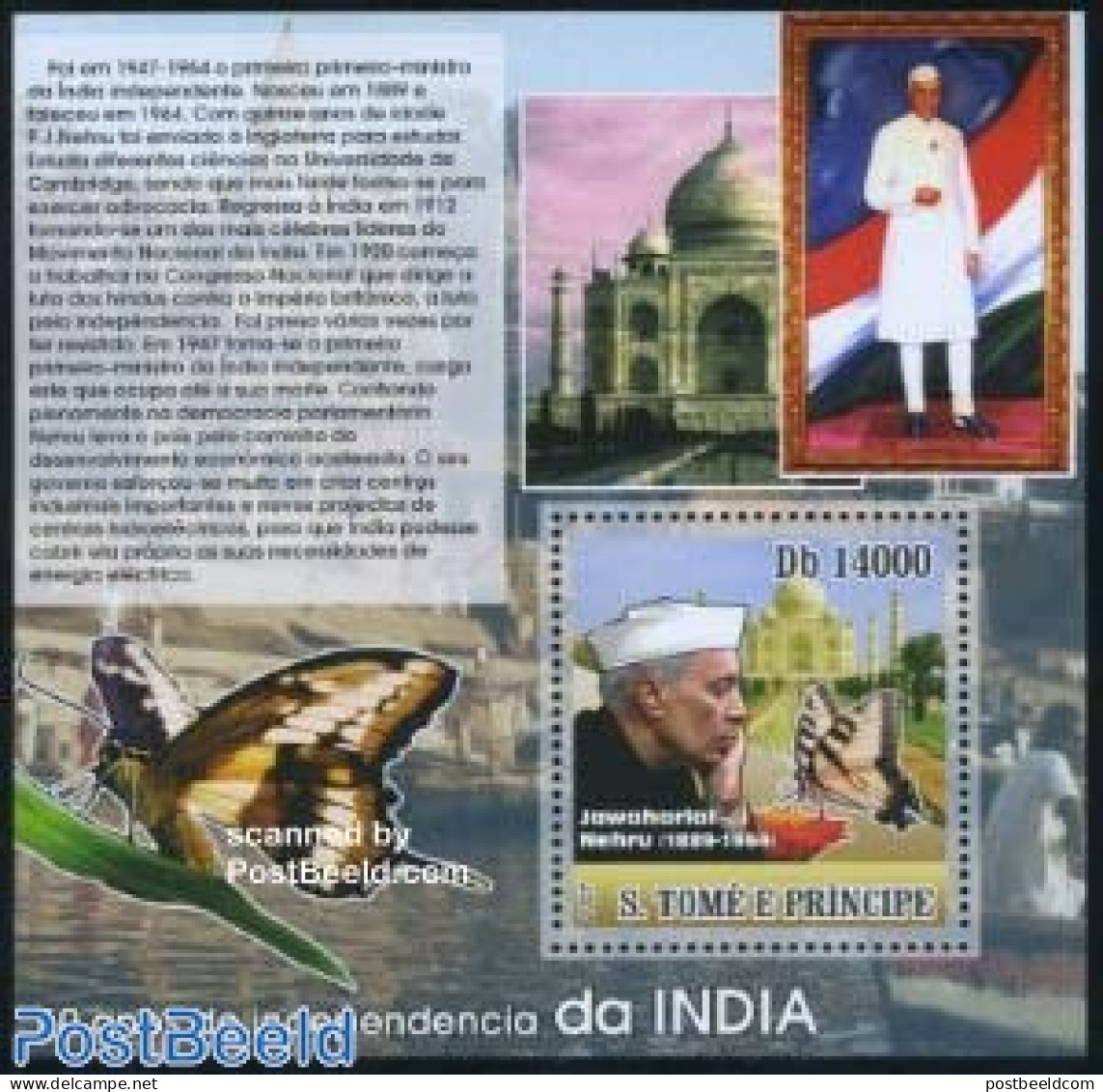 Sao Tome/Principe 2007 Independence Of India, Nehru S/s, Mint NH, History - Nature - History - Butterflies - Sao Tome Et Principe