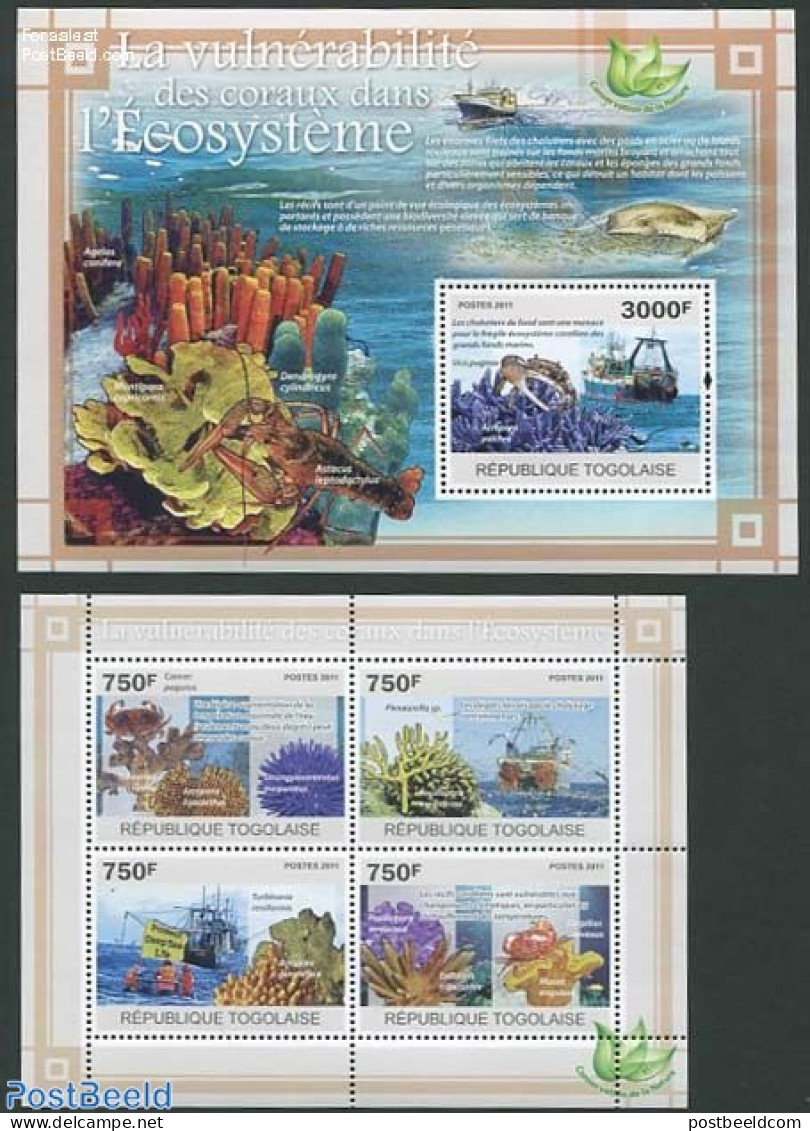 Togo 2011 Ecosystem, Corals 2 S/s, Mint NH, Nature - Transport - Environment - Shells & Crustaceans - Ships And Boats - Umweltschutz Und Klima