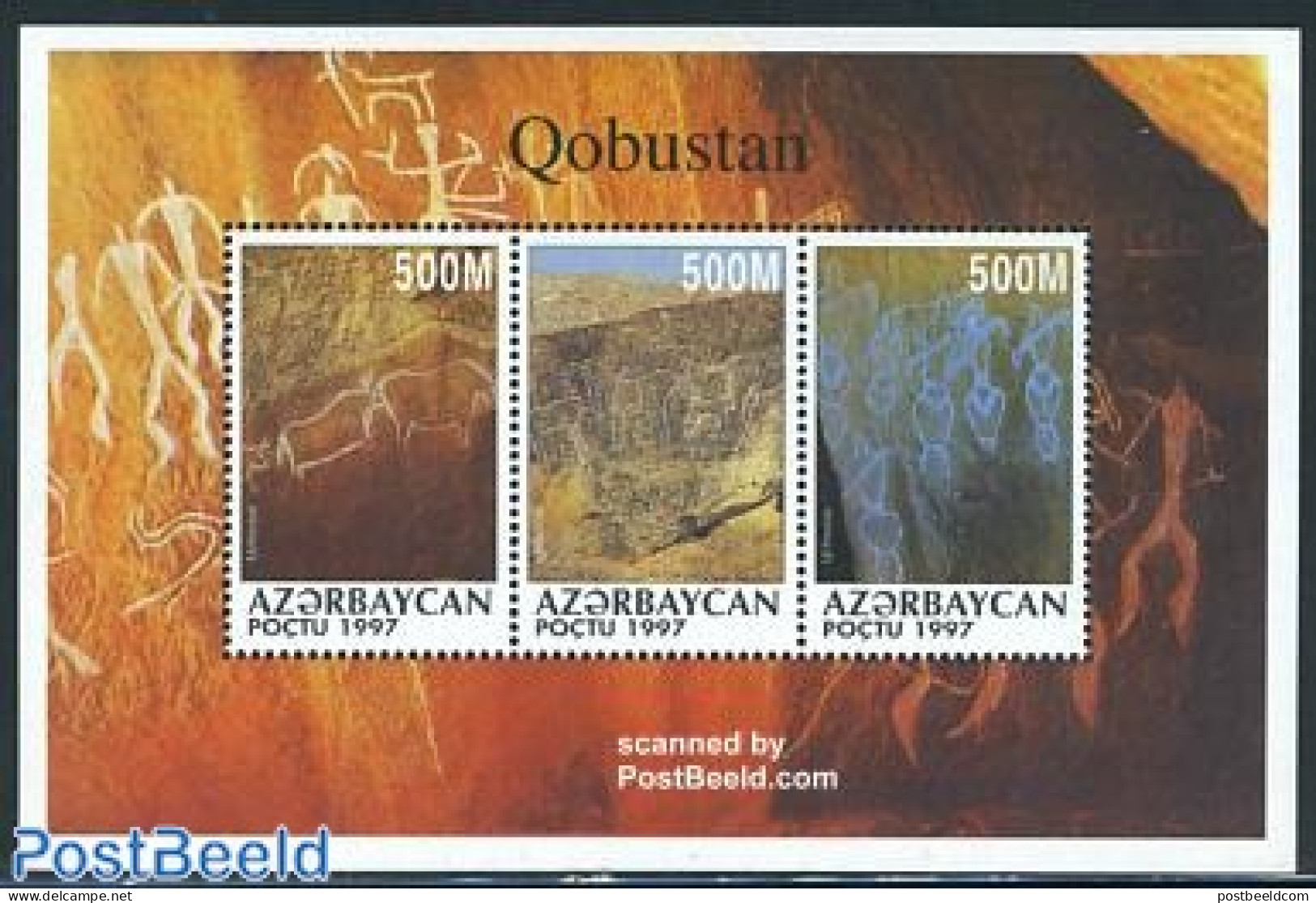 Azerbaijan 1997 Cave Paintings 3v M/s, Mint NH, Nature - Animals (others & Mixed) - Art - Cave Paintings - Vor- Und Frühgeschichte