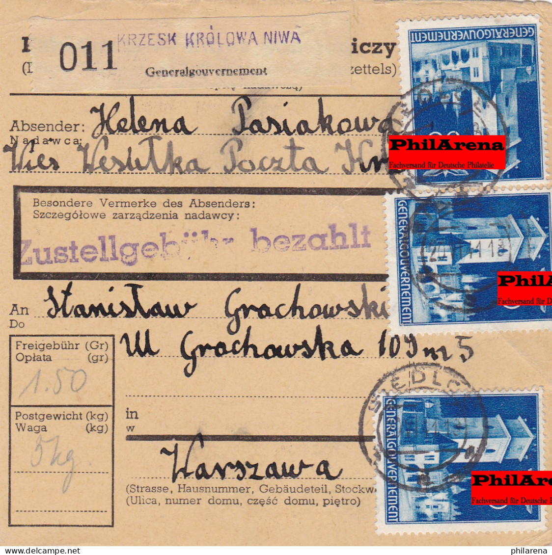 GG: Inland Paketkarte Krzesk Krolowa, MeF Nach Warschau - Occupation 1938-45
