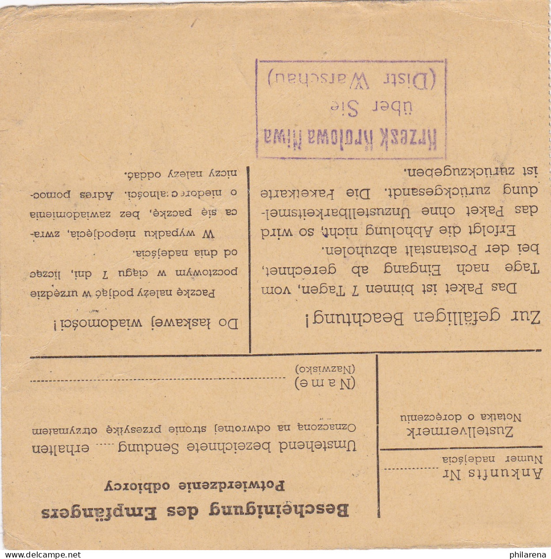 GG: Inland Paketkarte Krzesk Krolowa, MeF Nach Warschau - Occupation 1938-45