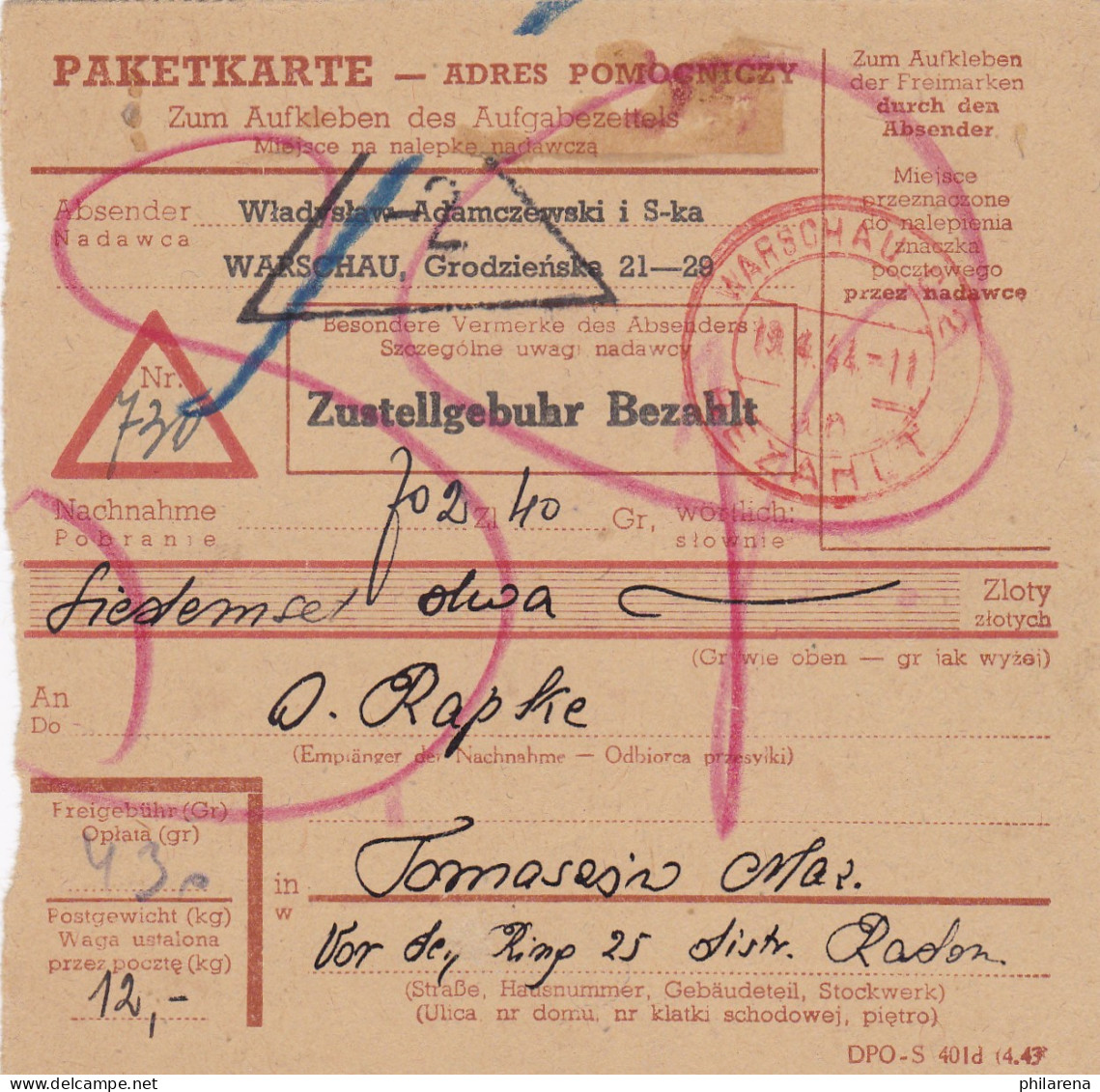 GG:Paketkarte Mit Eindruck Nachnahme, Sperrgut U. Kl. Warschauer Bezahlt Stempel - Occupation 1938-45