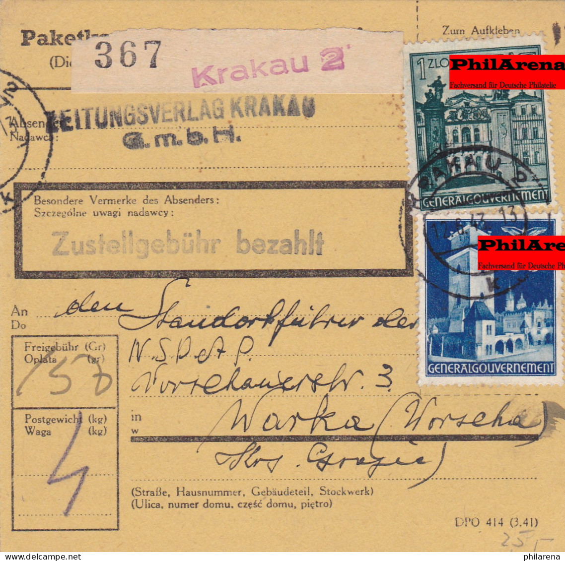 GG: Inland Krakau 2 Nach Warka Zeitungsverlag Krakau - Occupation 1938-45