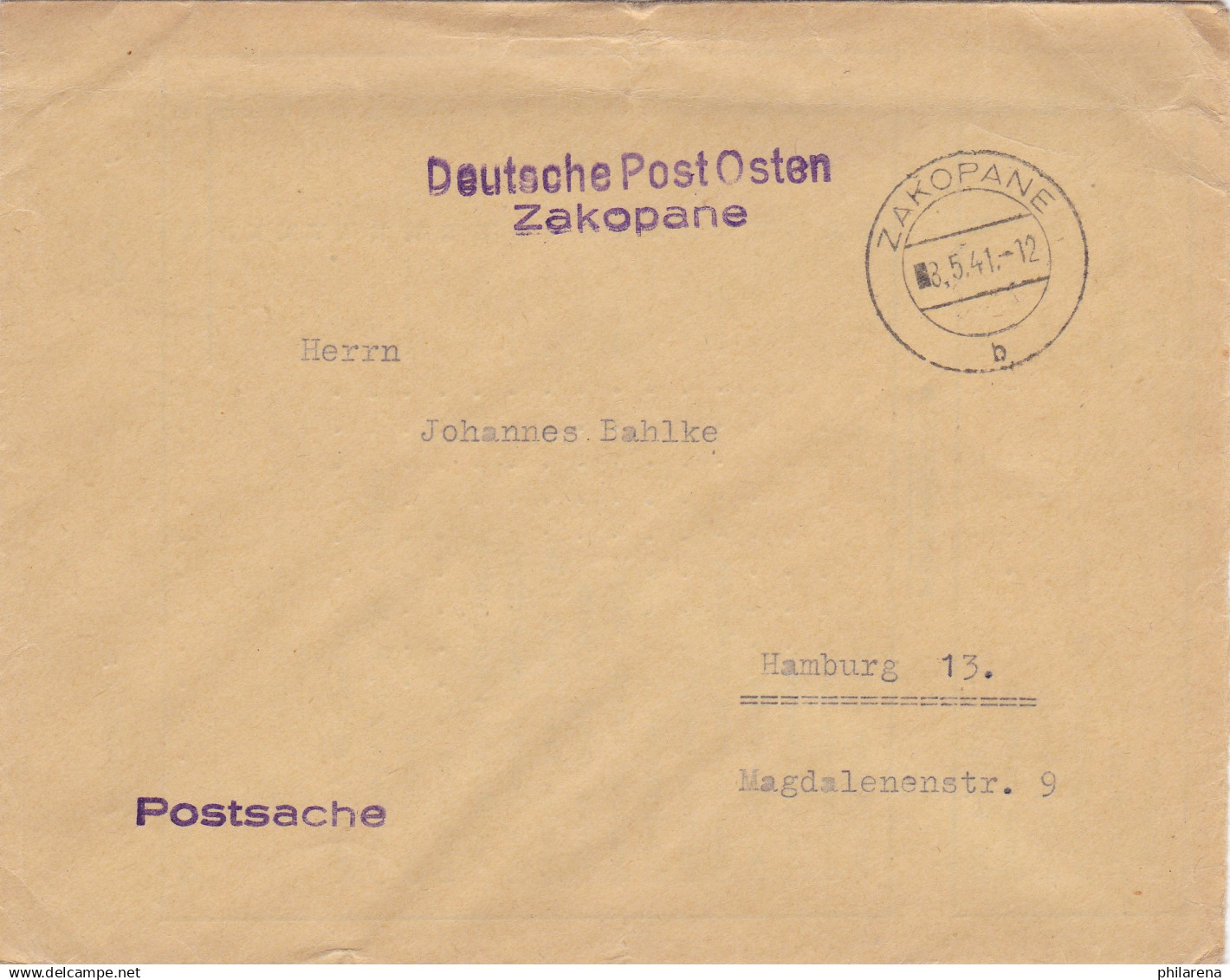 GG: Postsache Postamt Zakopane Nach Hamburg - Occupation 1938-45