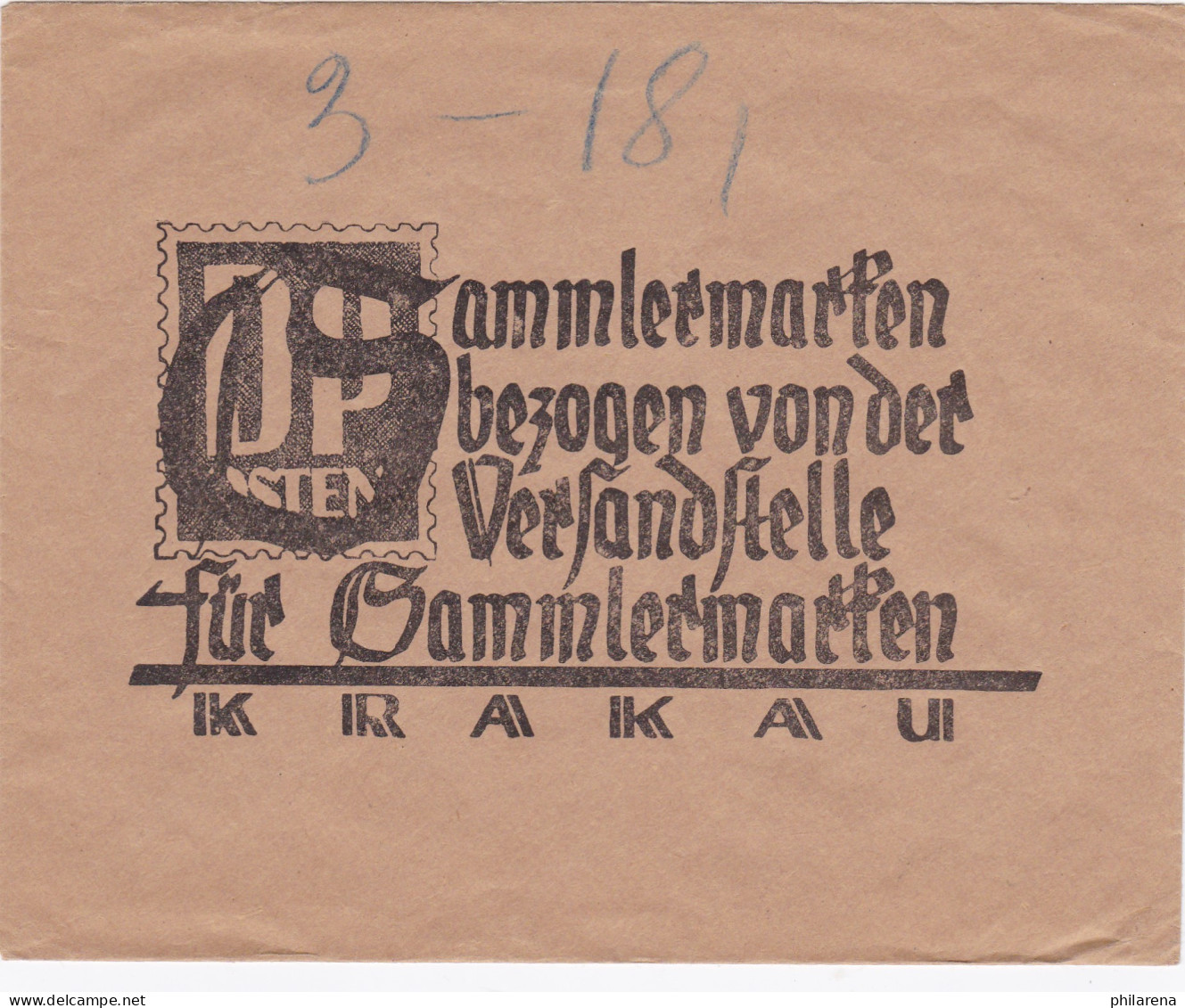 GG: Gedenkkarten Umschlag Der Versandstelle F. Sammlermarken Krakau, Braun Groß - Besetzungen 1938-45
