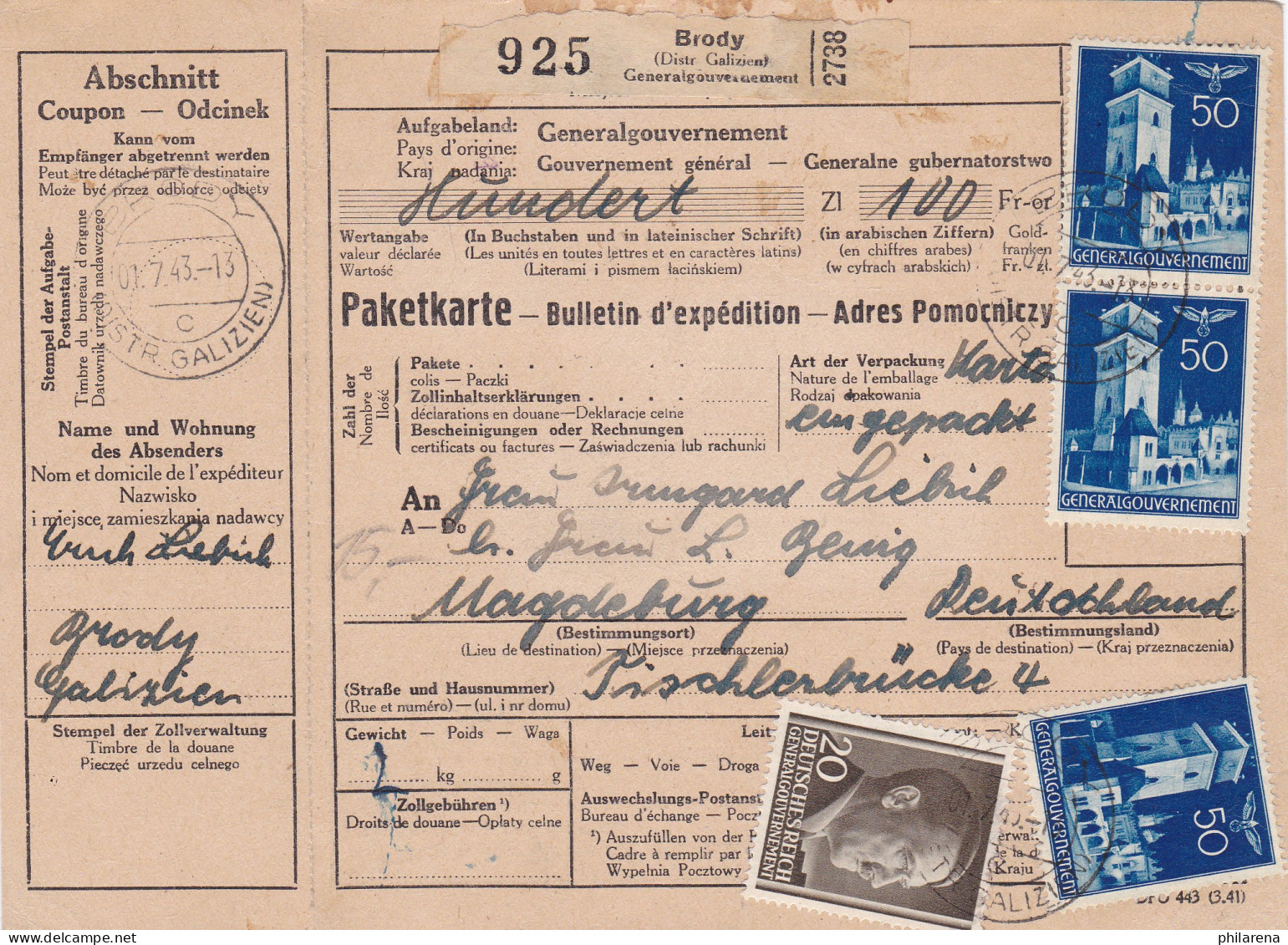 GG: Ausland Paketkarte Brody Nach Magdeburg, Zollinhaltserklärung - Besetzungen 1938-45