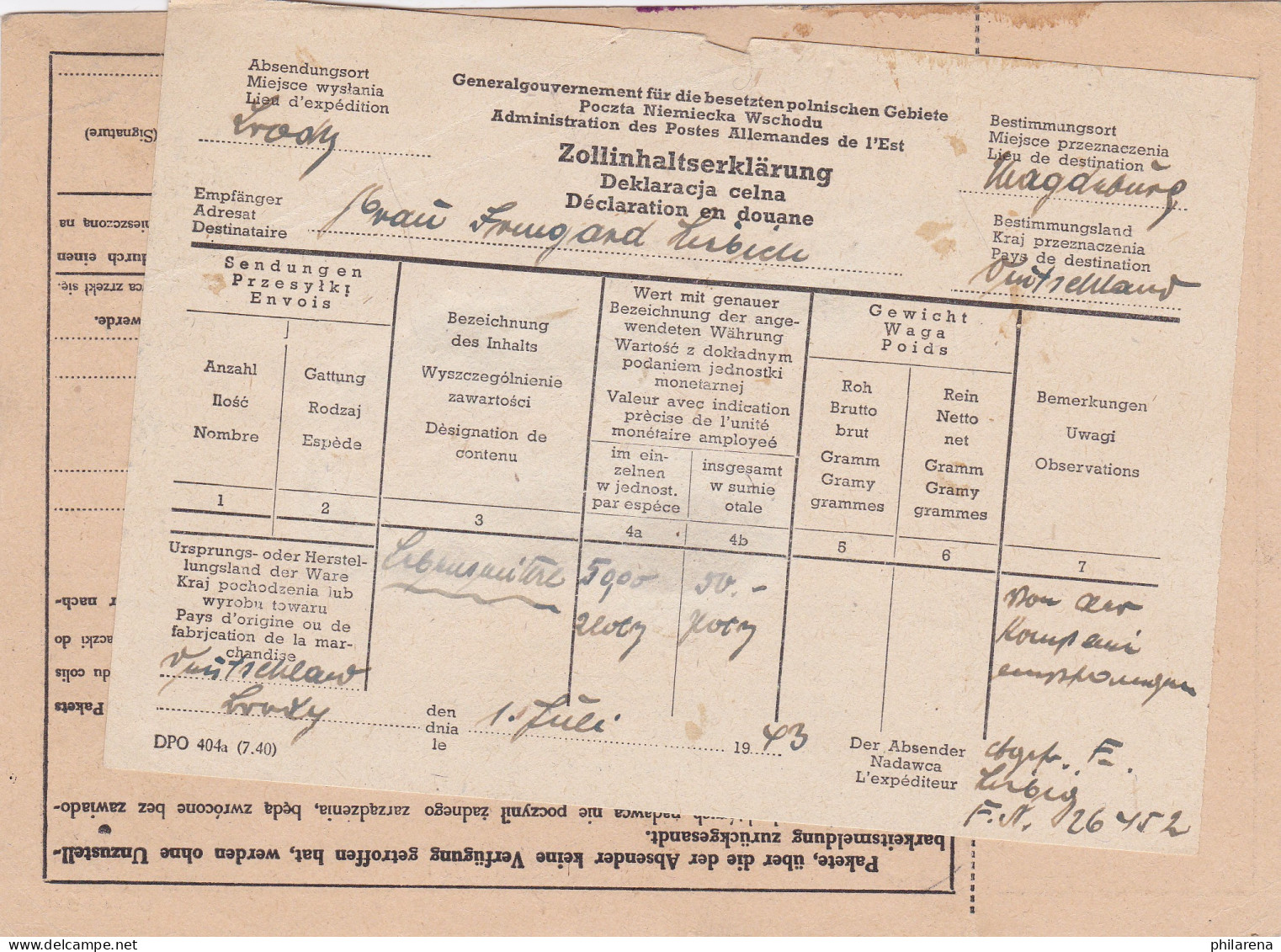 GG: Ausland Paketkarte Brody Nach Magdeburg, Zollinhaltserklärung - Besetzungen 1938-45