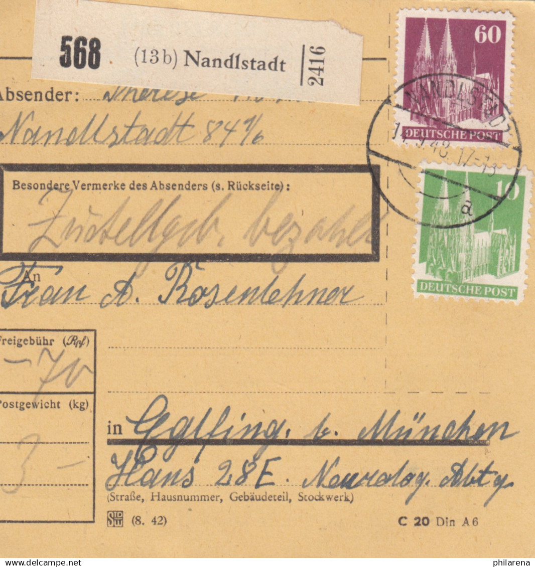 BiZone Paketkarte 1948: Nandlstadt Nach Eglfing B. München - Covers & Documents