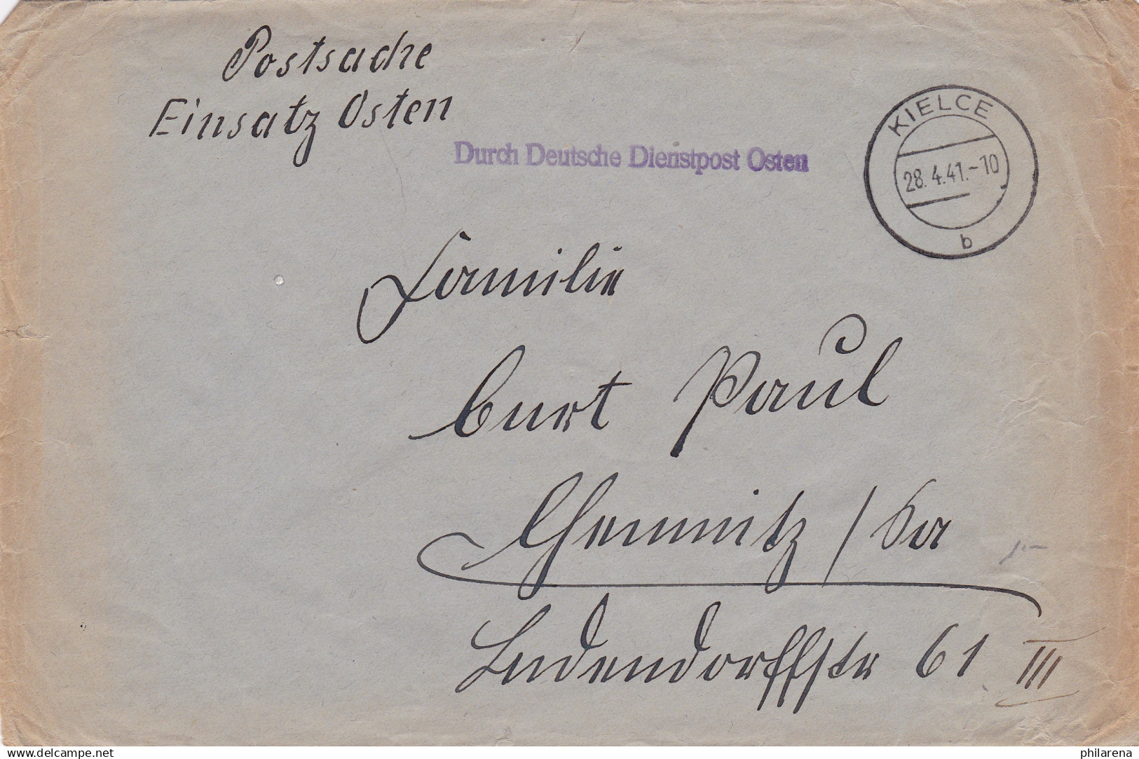 GG: Postsache Brief Von Kielce Nach Chemnitz, Einsatz Osten, Postschutz - Occupation 1938-45