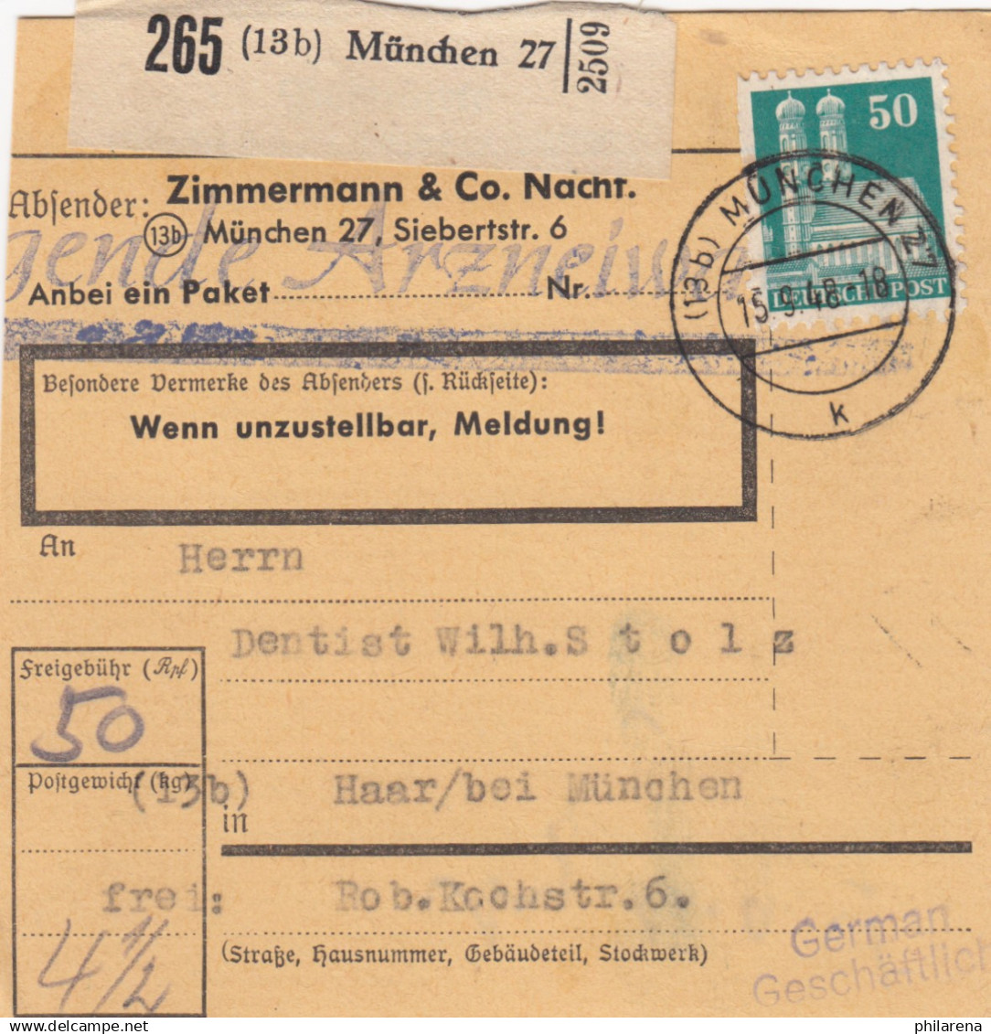 Paketkarte 1948: München Nach Haar, Selbstbucherkarte Mit Wert - Zimmemann&Co - Lettres & Documents