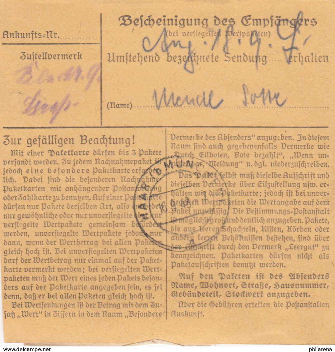 Paketkarte 1948: München Nach Haar, Selbstbucherkarte Mit Wert - Zimmemann&Co - Lettres & Documents