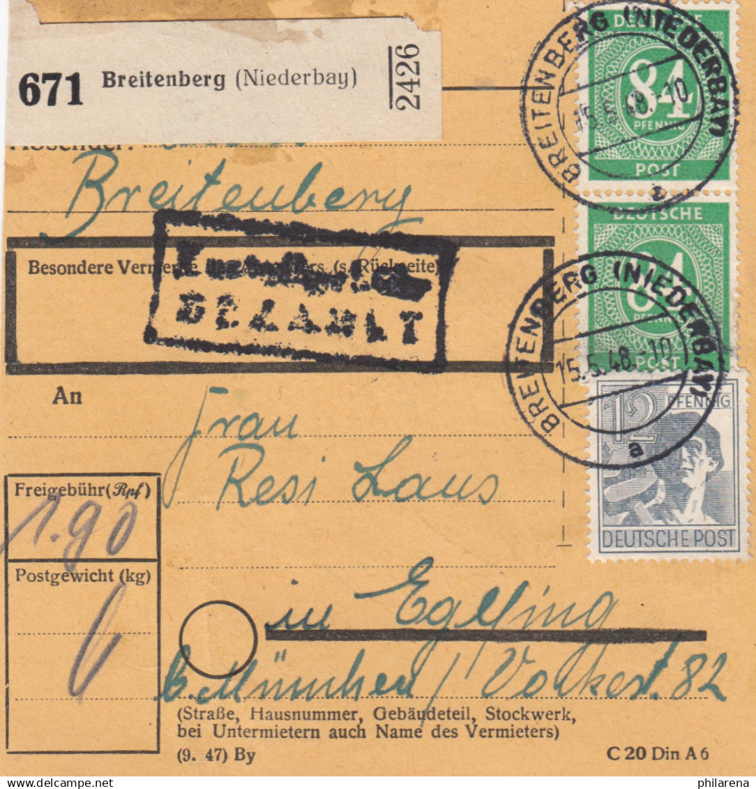 Paketkarte 1948: Breitenberg Nach Haar B. München - Covers & Documents