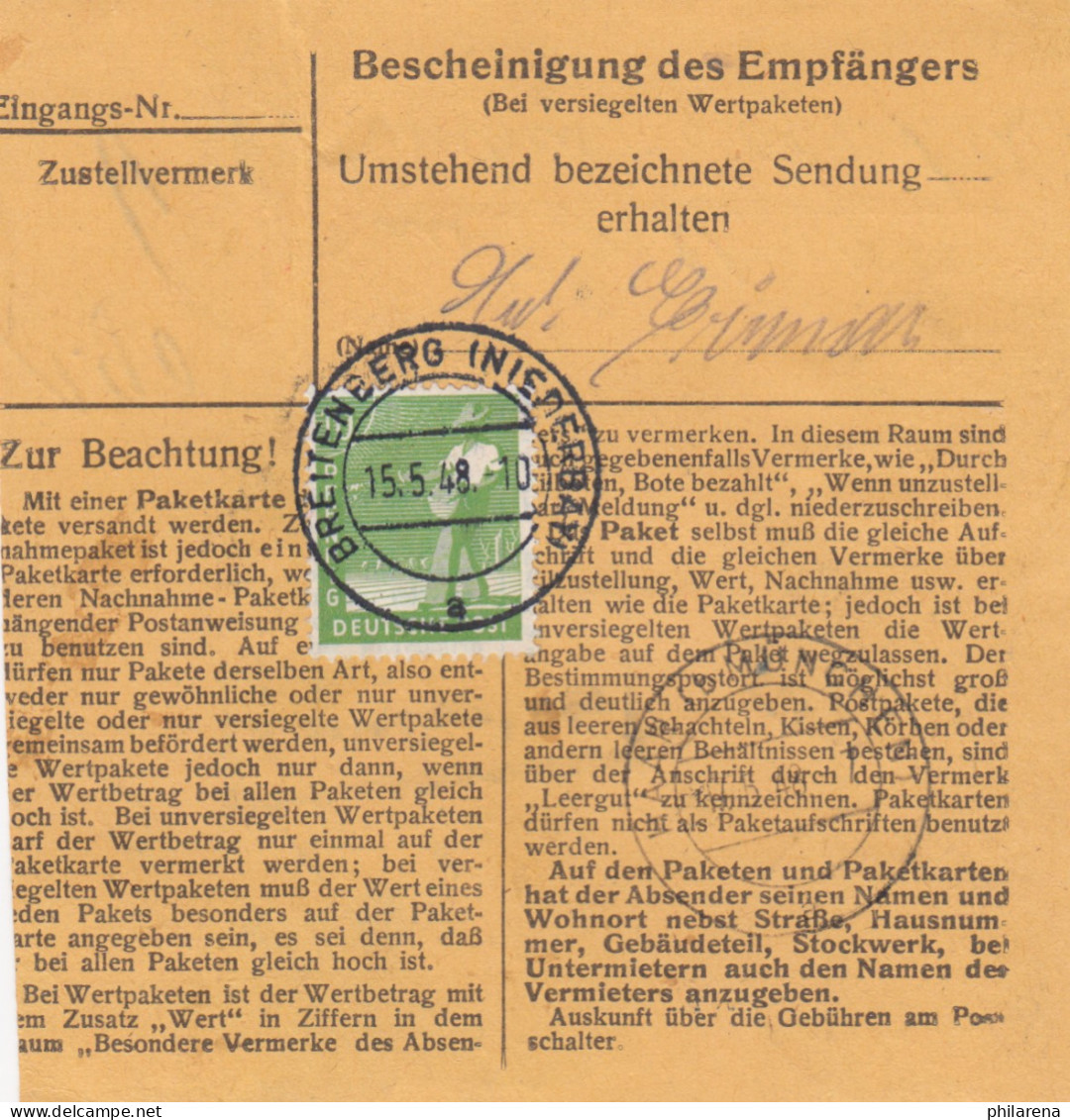 Paketkarte 1948: Breitenberg Nach Haar B. München - Briefe U. Dokumente