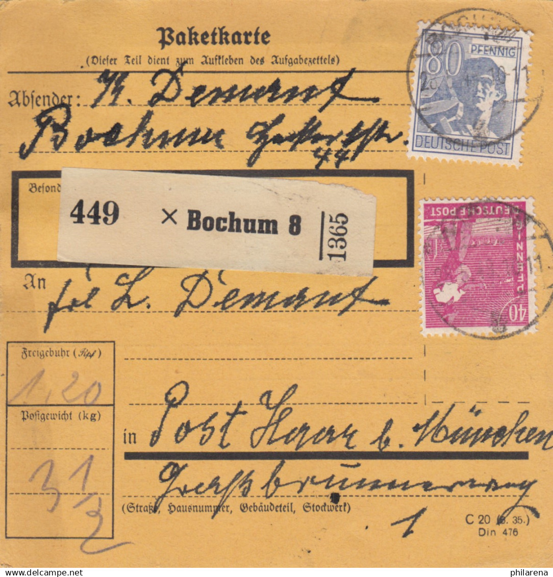 Paketkarte 1948: Bochum Nach Post Haar B. München - Briefe U. Dokumente