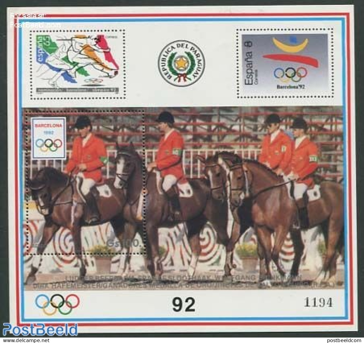 Paraguay 1990 Olympic Games S/s, White Border, Mint NH, Nature - Sport - Horses - Olympic Games - Stamps On Stamps - Timbres Sur Timbres