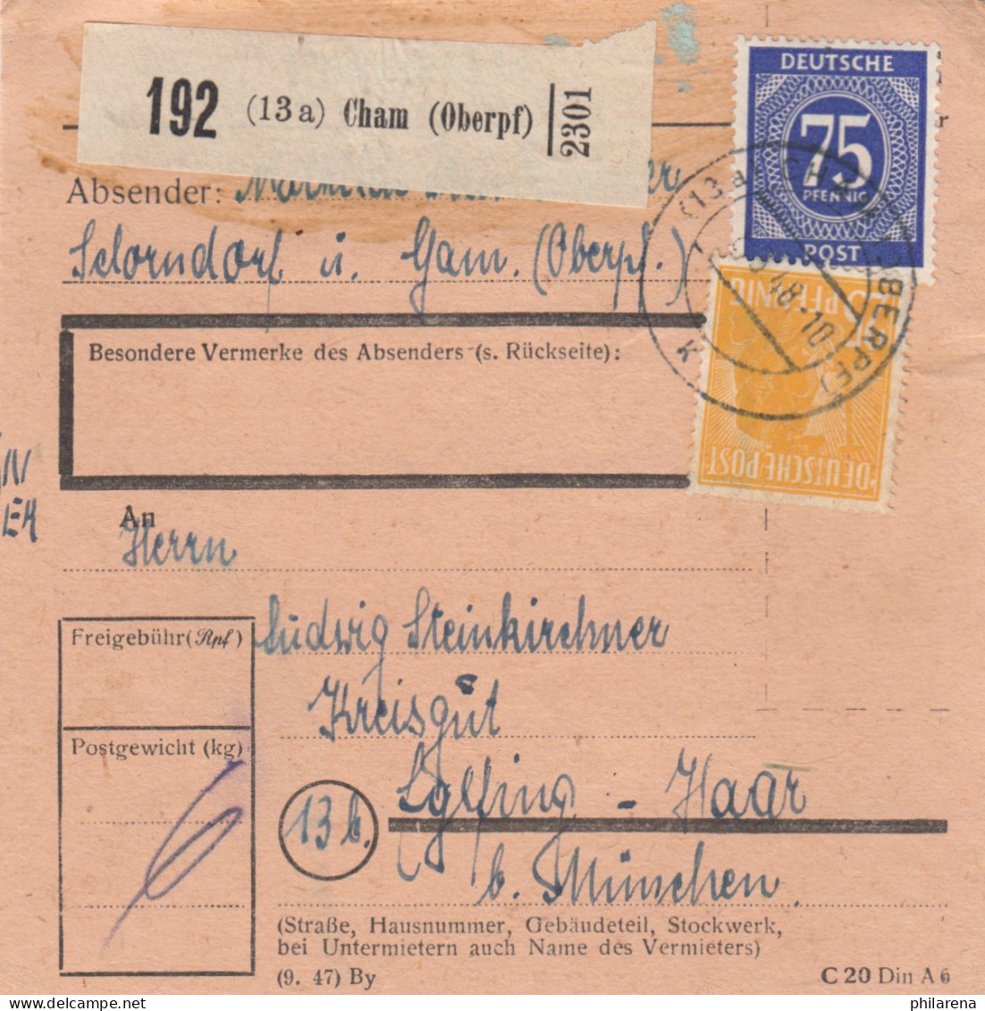 Paketkarte 1948: Cham Nach Eglfing-Haar - Briefe U. Dokumente