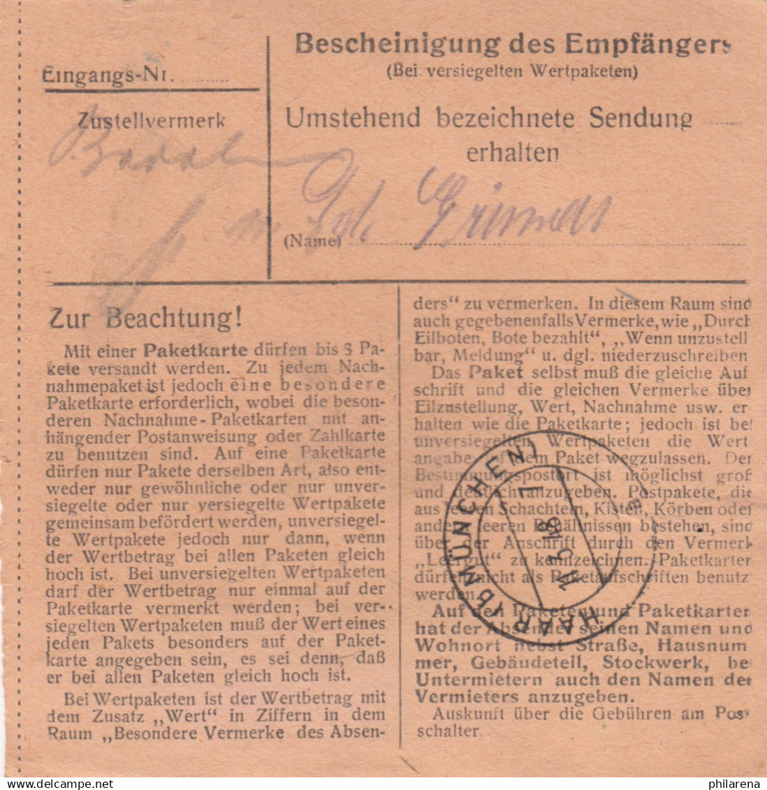 Paketkarte 1948: Cham Nach Eglfing-Haar - Briefe U. Dokumente