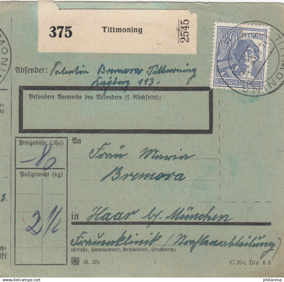 Paketkarte 1948: Tittmoning Nach Haar, Frauenklinik, Seltenes Formular - Cartas & Documentos