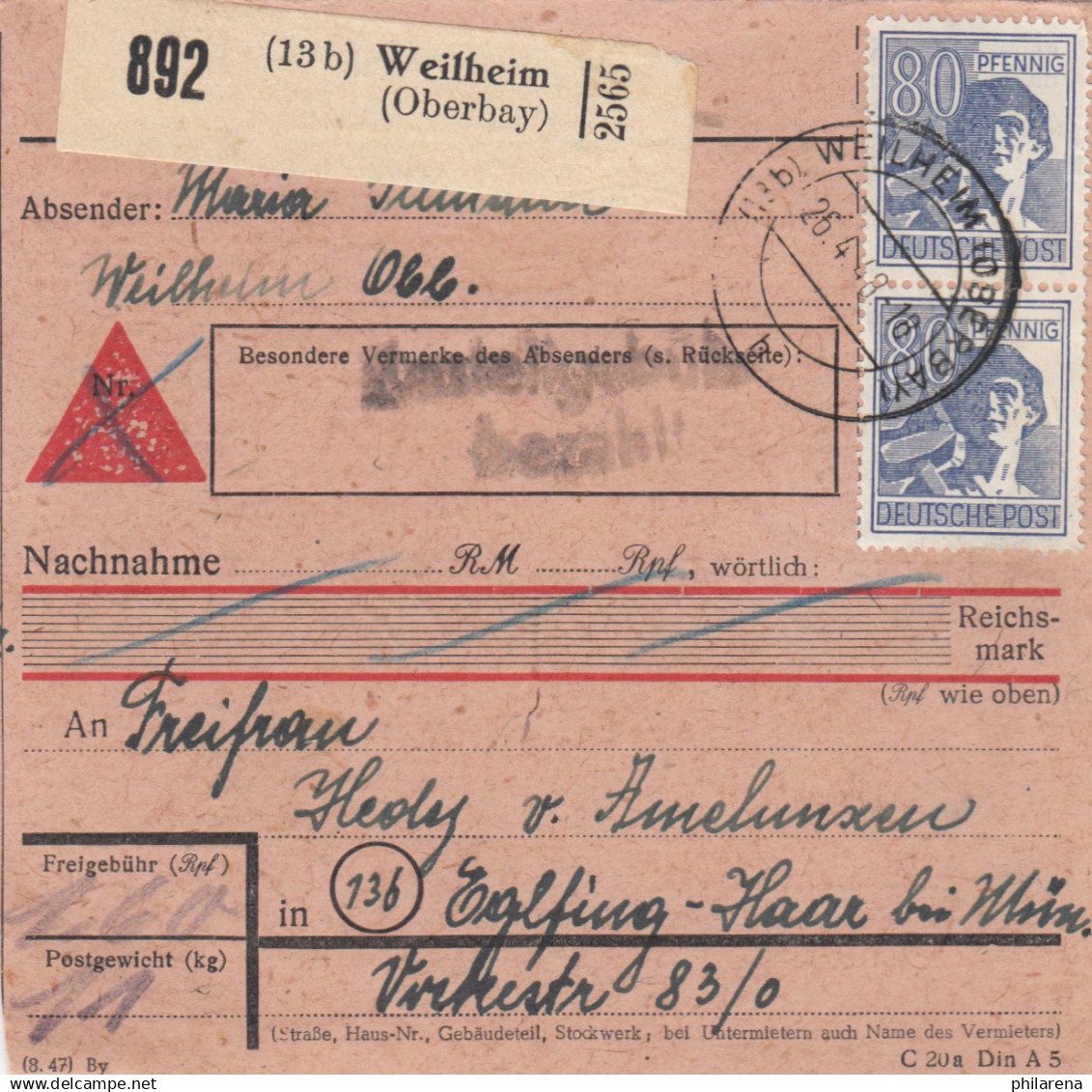 Paketkarte 1948: Weilheim (Oberbay.) Nach Eglfing-Haar - Covers & Documents