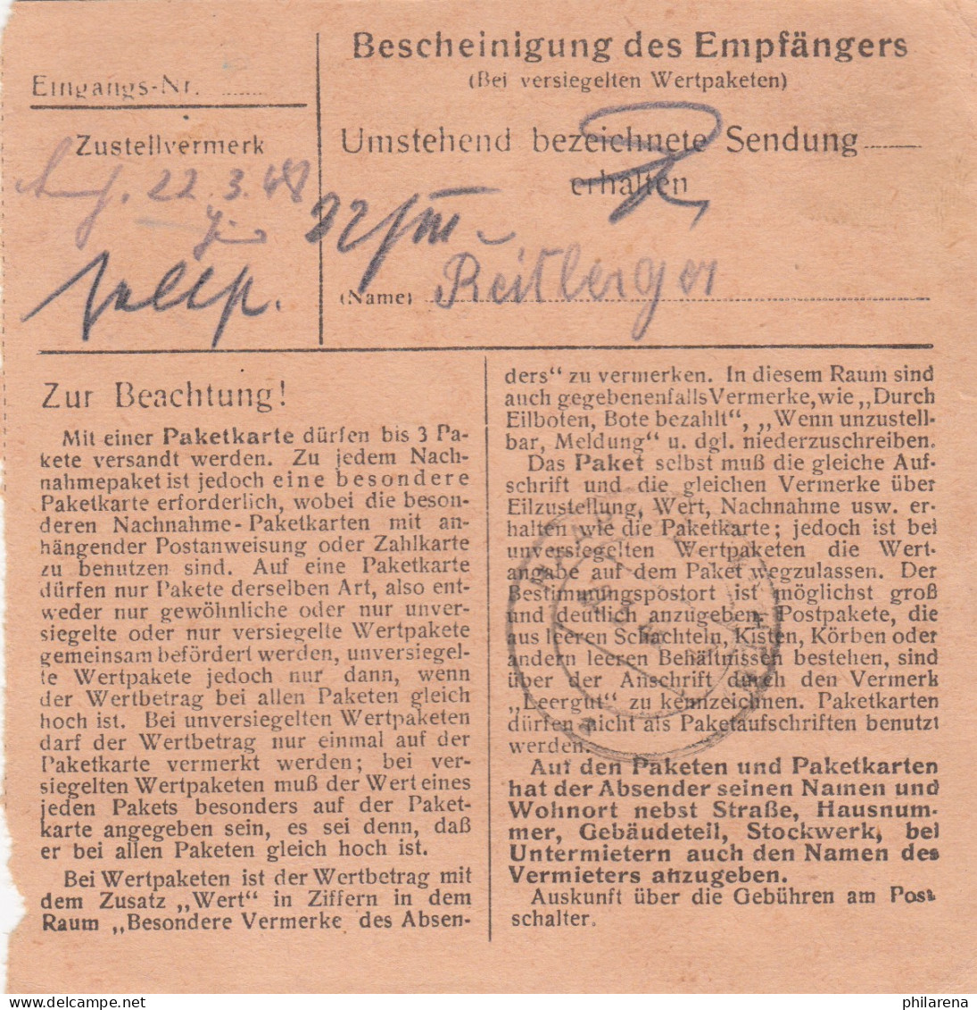 Paketkarte 1948: Schwarzach Nach Haar Bei München - Lettres & Documents