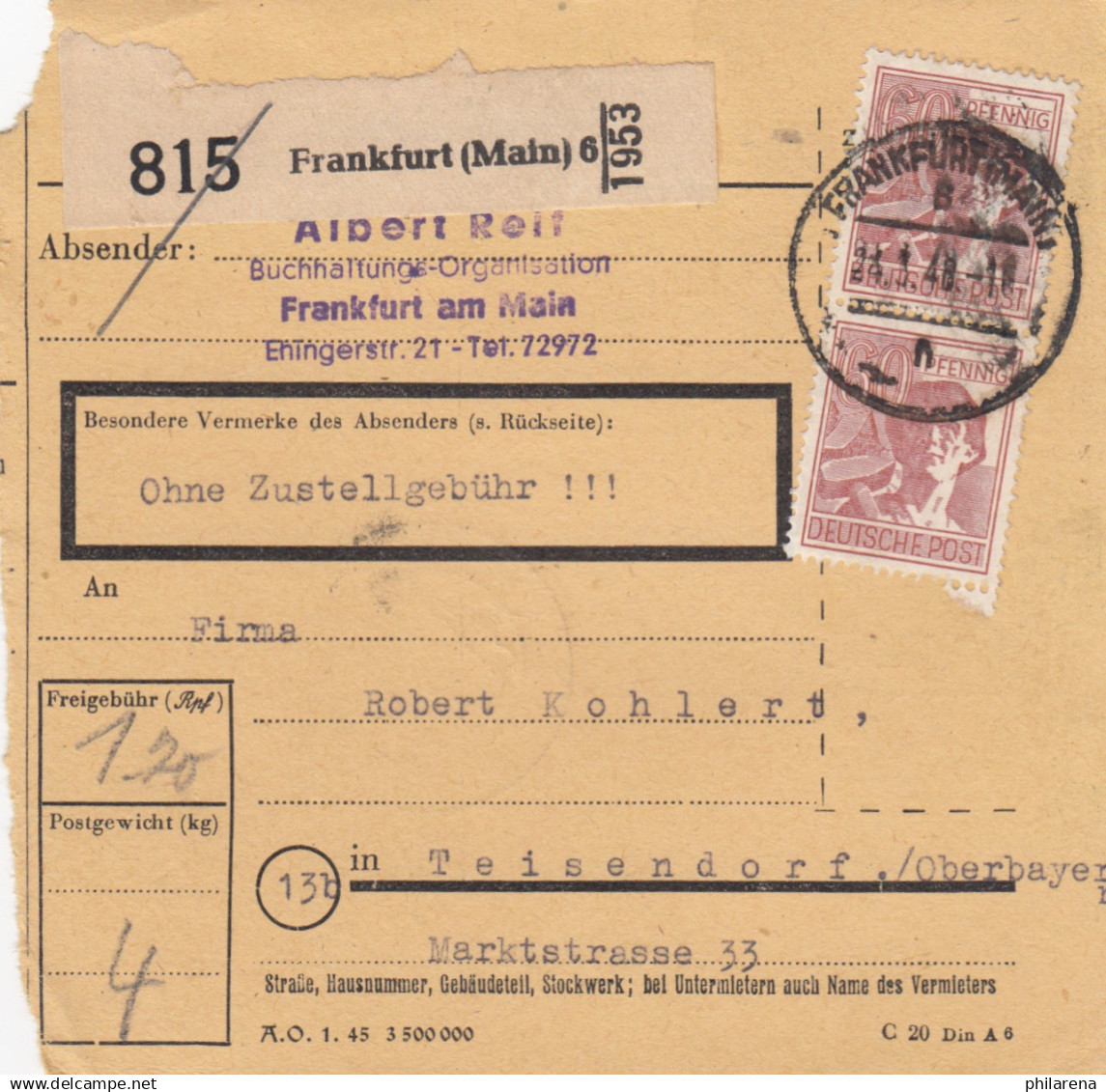 Paketkarte 1948: Frankfurt Nach Teisendorf - Briefe U. Dokumente