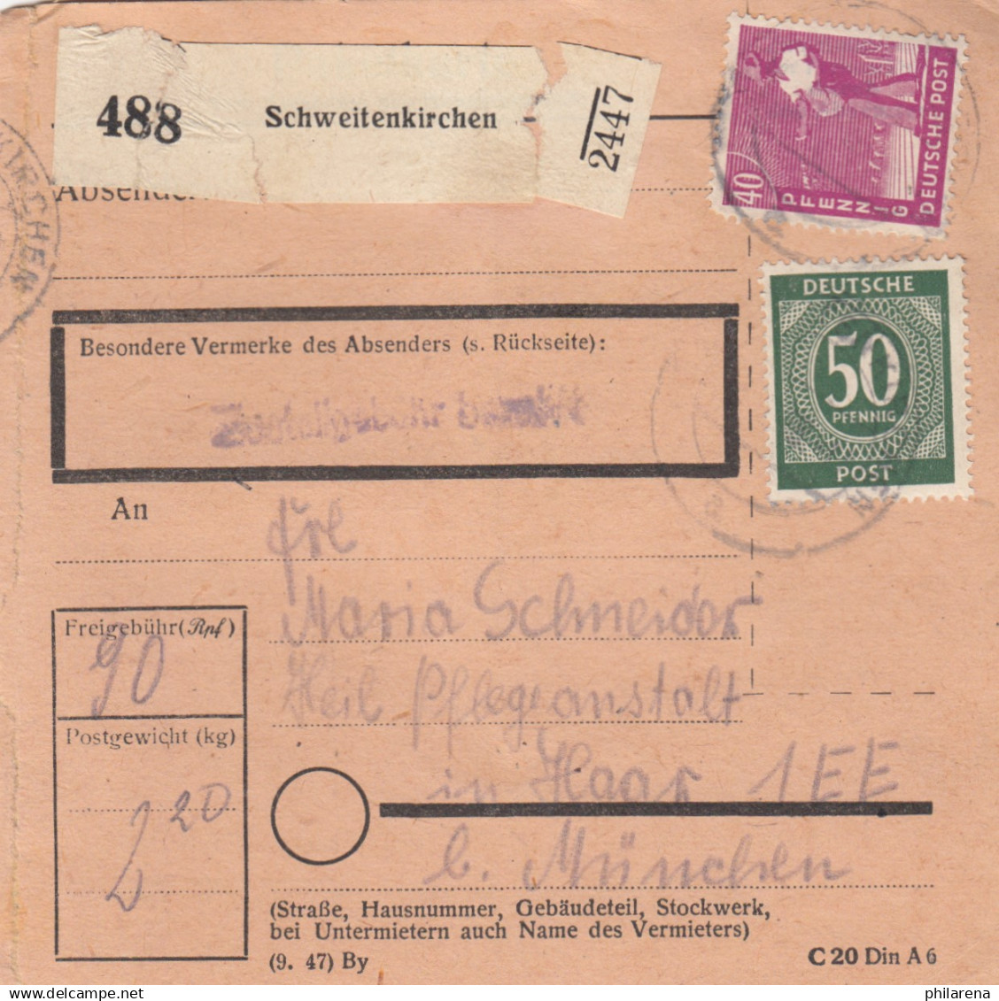 Paketkarte 1948: Scheitenkirchen Nach Haar, Heil- U. Pflegeanstalt - Lettres & Documents