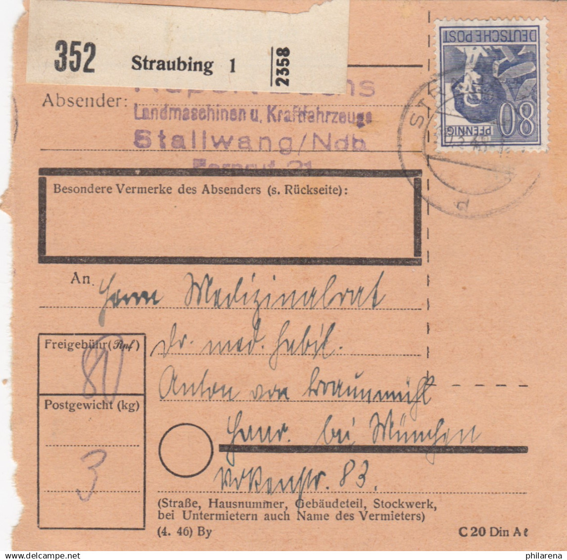 Paketkarte 1948: Straubing Landmaschinen Nach Haar - Briefe U. Dokumente