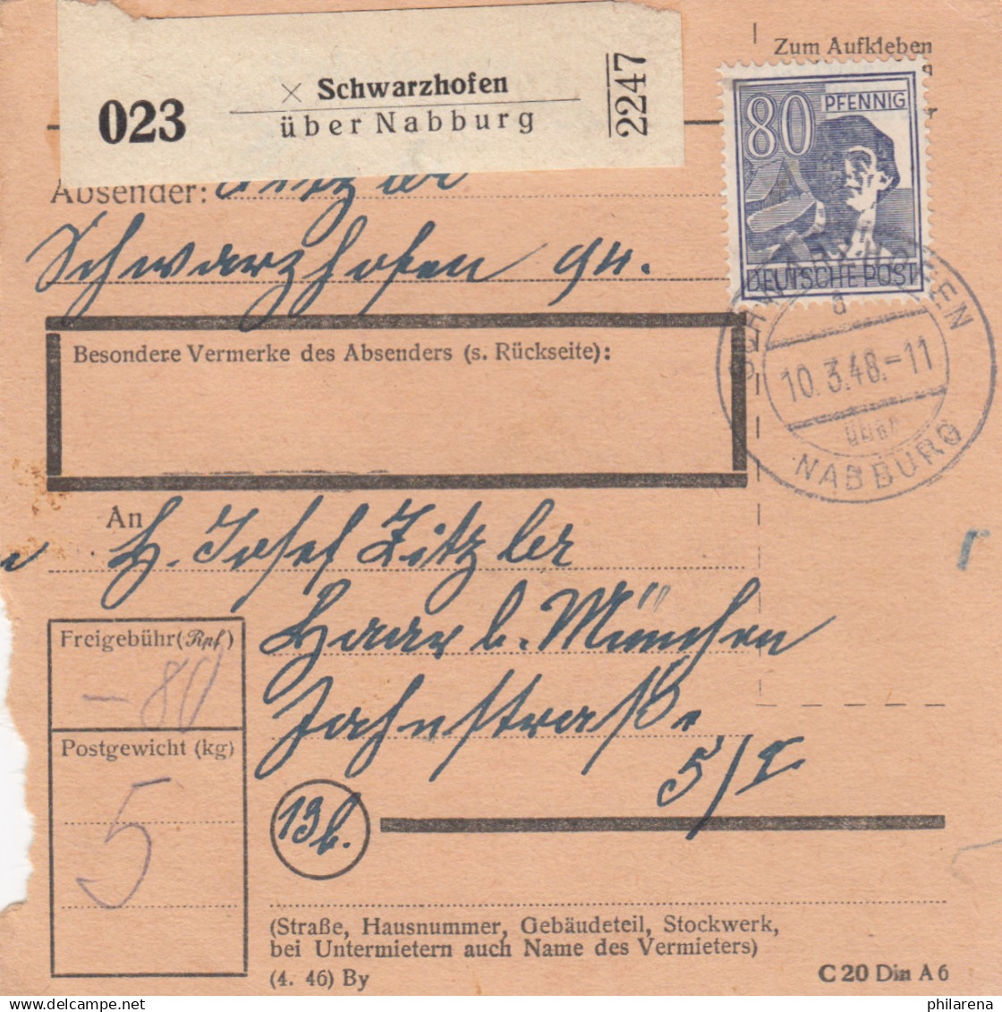 Paketkarte 1948: Schwarzhofen/Nabburg Nach Haar/München - Covers & Documents