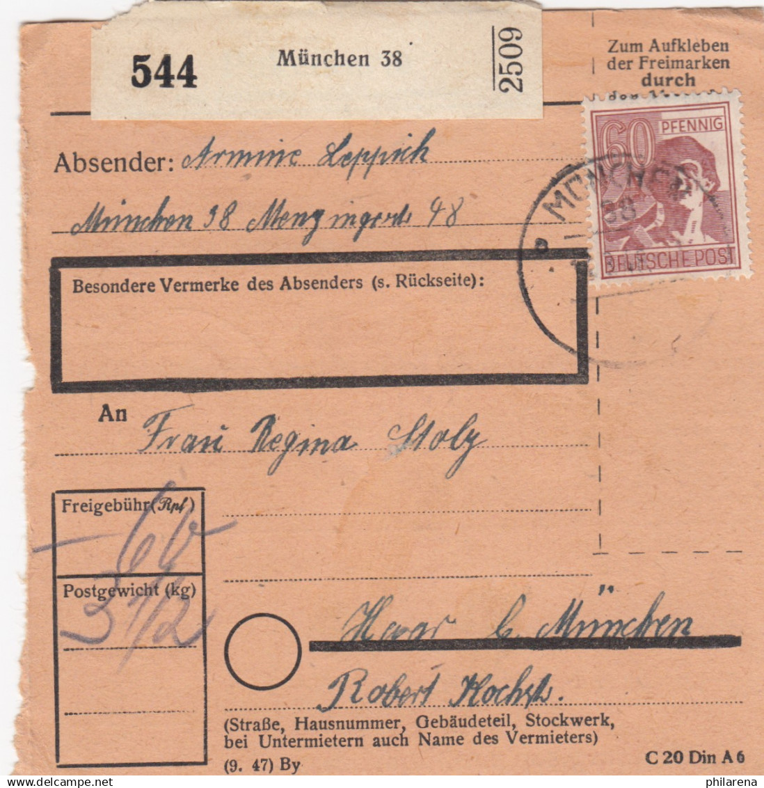 Paketkarte 1948: München Nach Haar Bei München - Cartas & Documentos