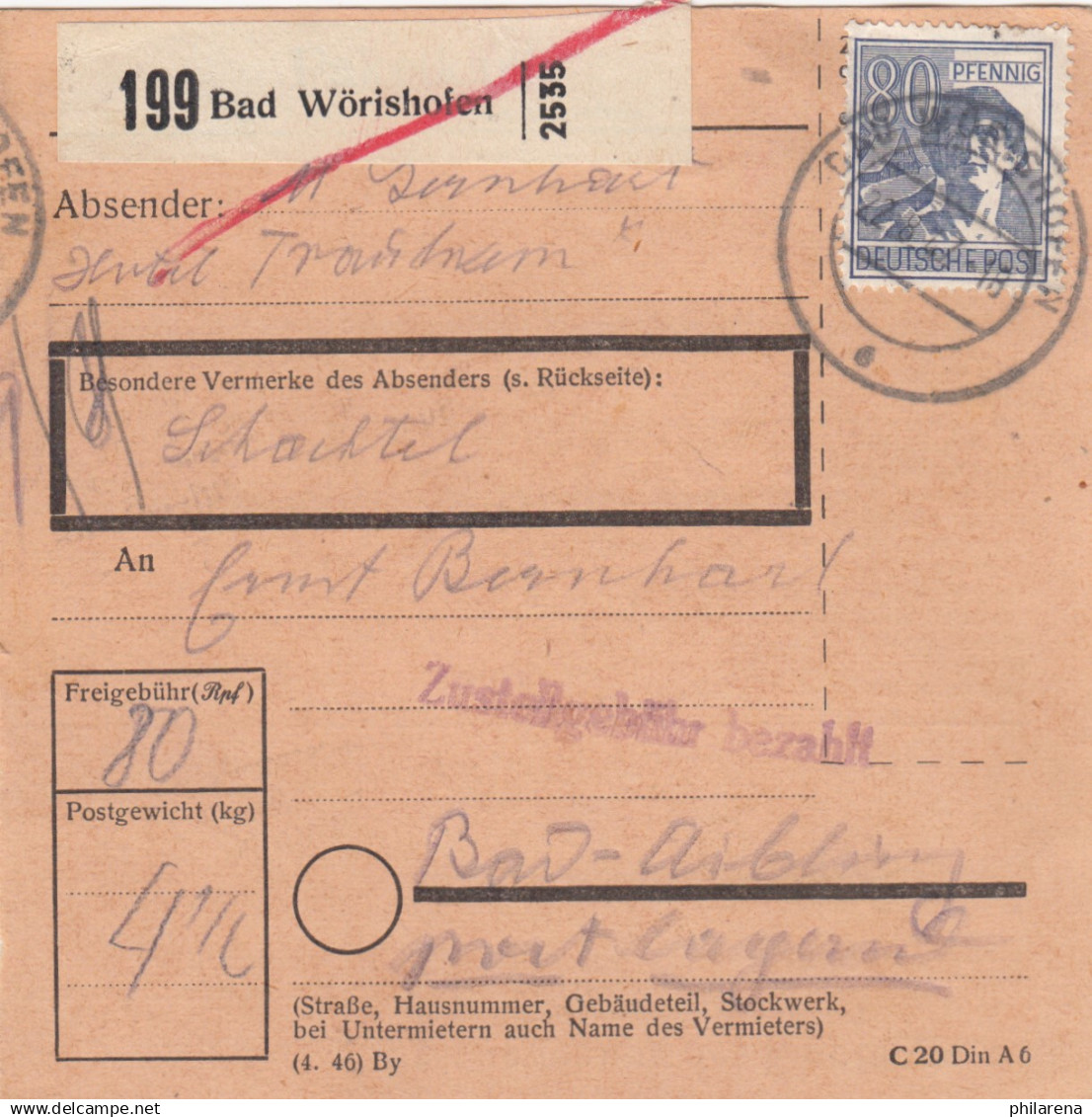 Paketkarte Bad Wörishofen Nach Bad-Aibling, Besonderer Vermerk: Schachtel - Briefe U. Dokumente