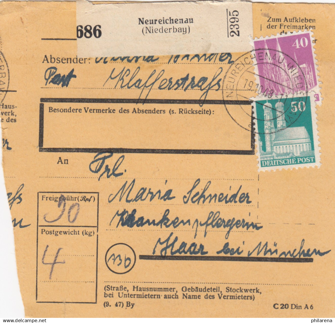 BiZone Paketkarte 1948: Neureichenau Nach Haar, Krankenpflegerin - Lettres & Documents