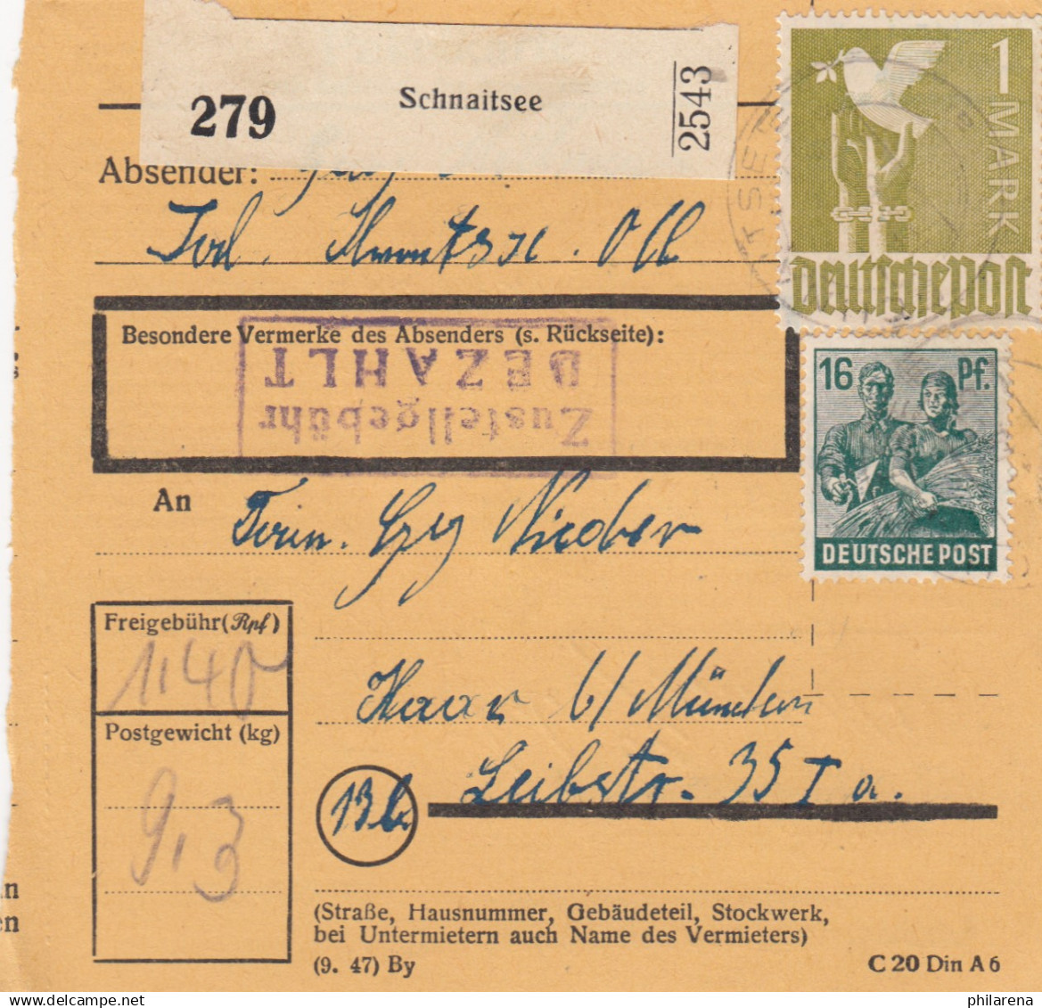 Paketkarte 1948: Schnaitsee Nach Haar B. München - Briefe U. Dokumente