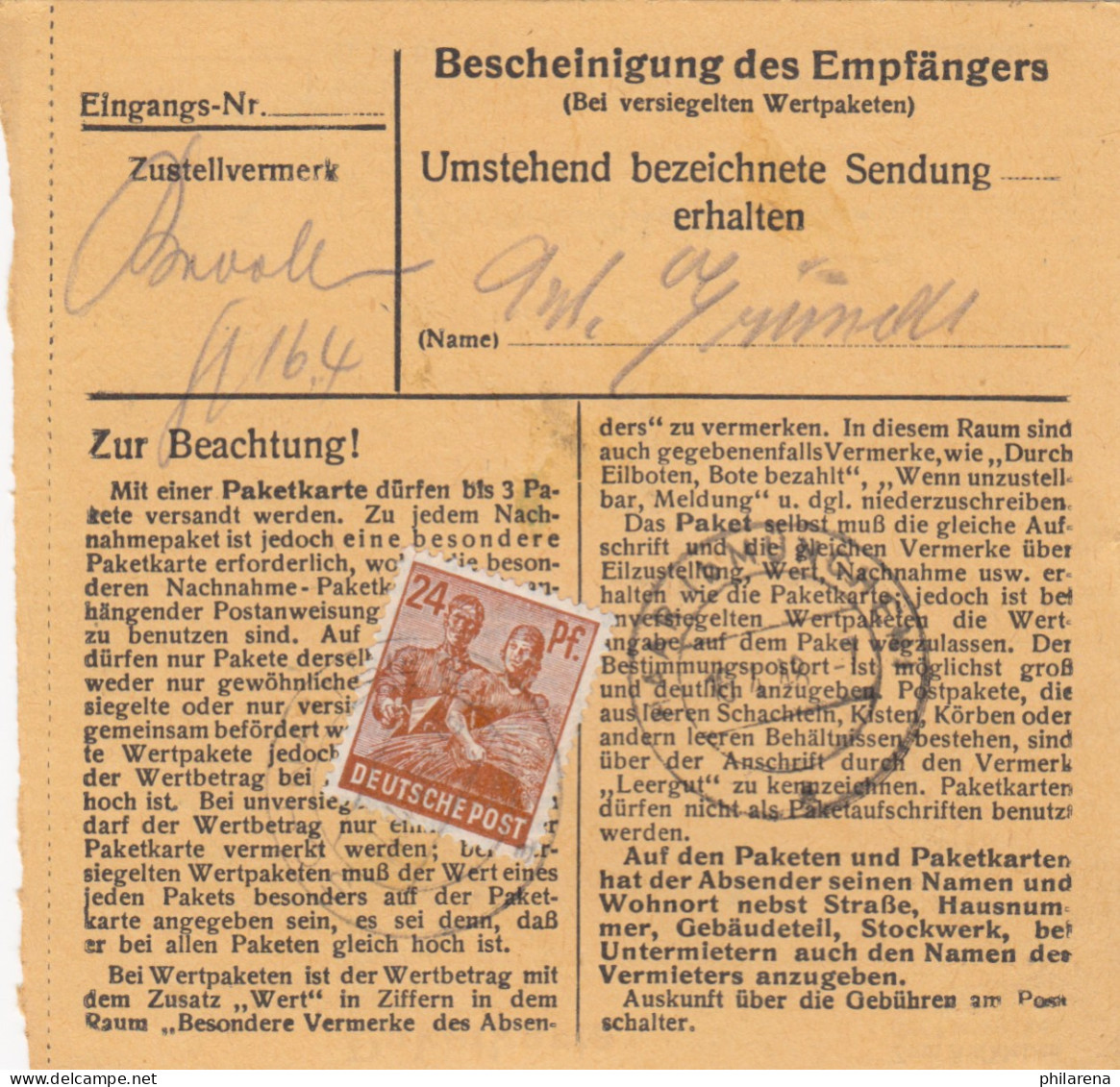 Paketkarte 1948: Schnaitsee Nach Haar B. München - Briefe U. Dokumente