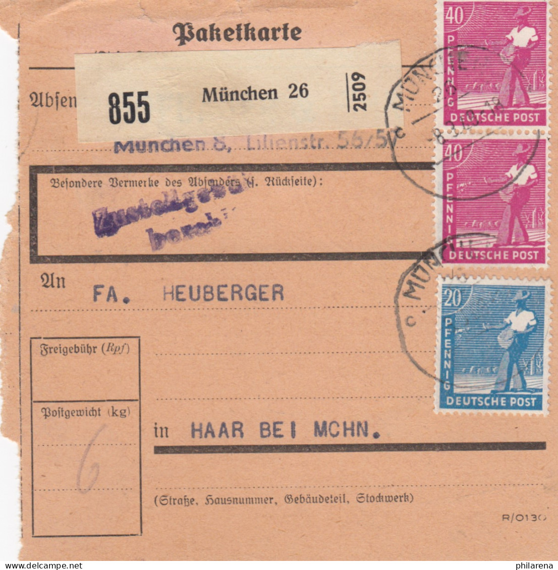 Paketkarte 1948: München Nach Haar Bei München - Covers & Documents