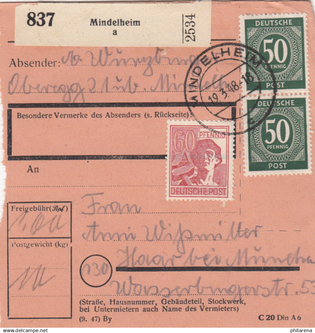 Paketkarte 1948: Mindelheim Nach Haar Bei München - Briefe U. Dokumente