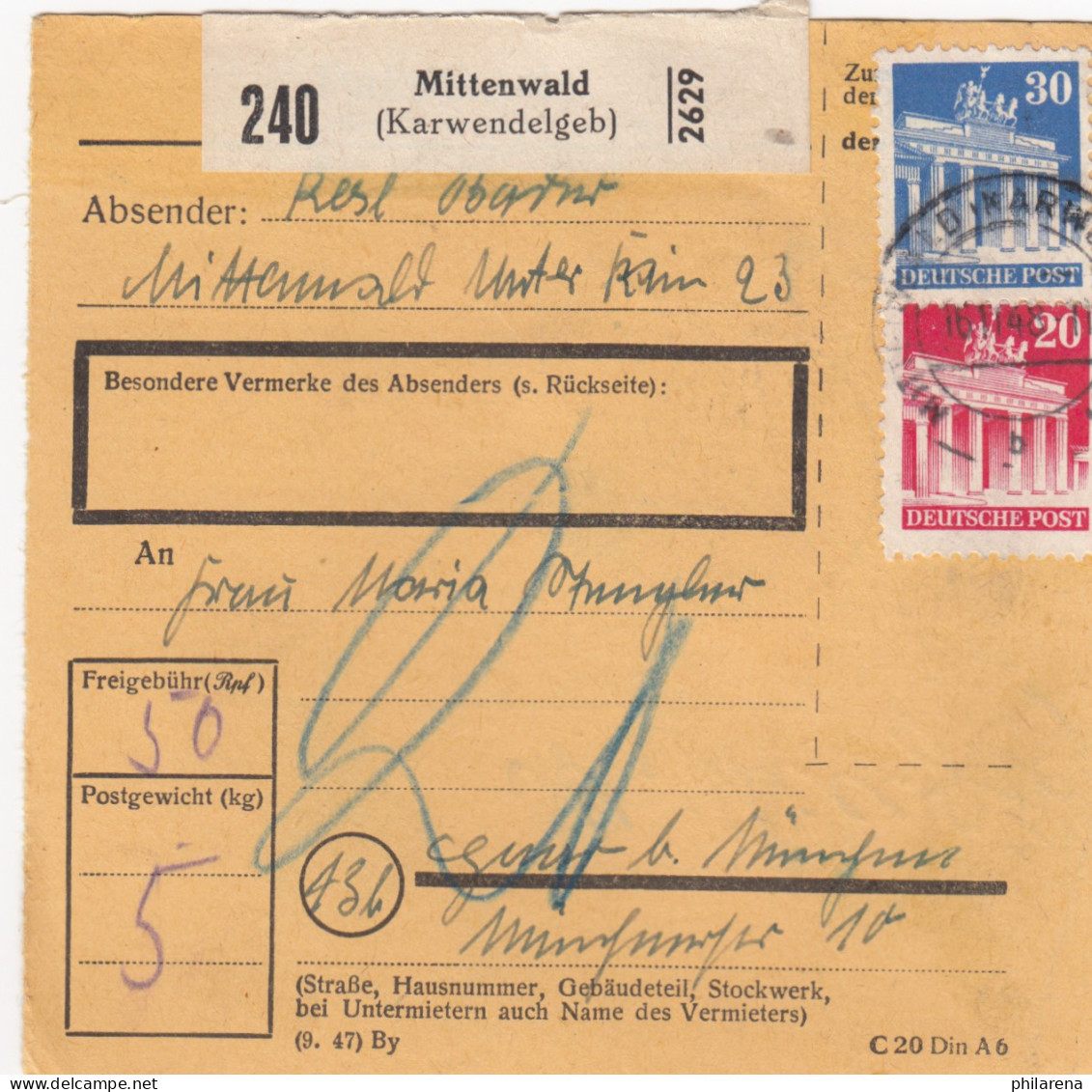 BiZone Paketkarte 1948: Mittenwald (Karwendelgeb.) Nach Haar, Nachgebühr - Lettres & Documents