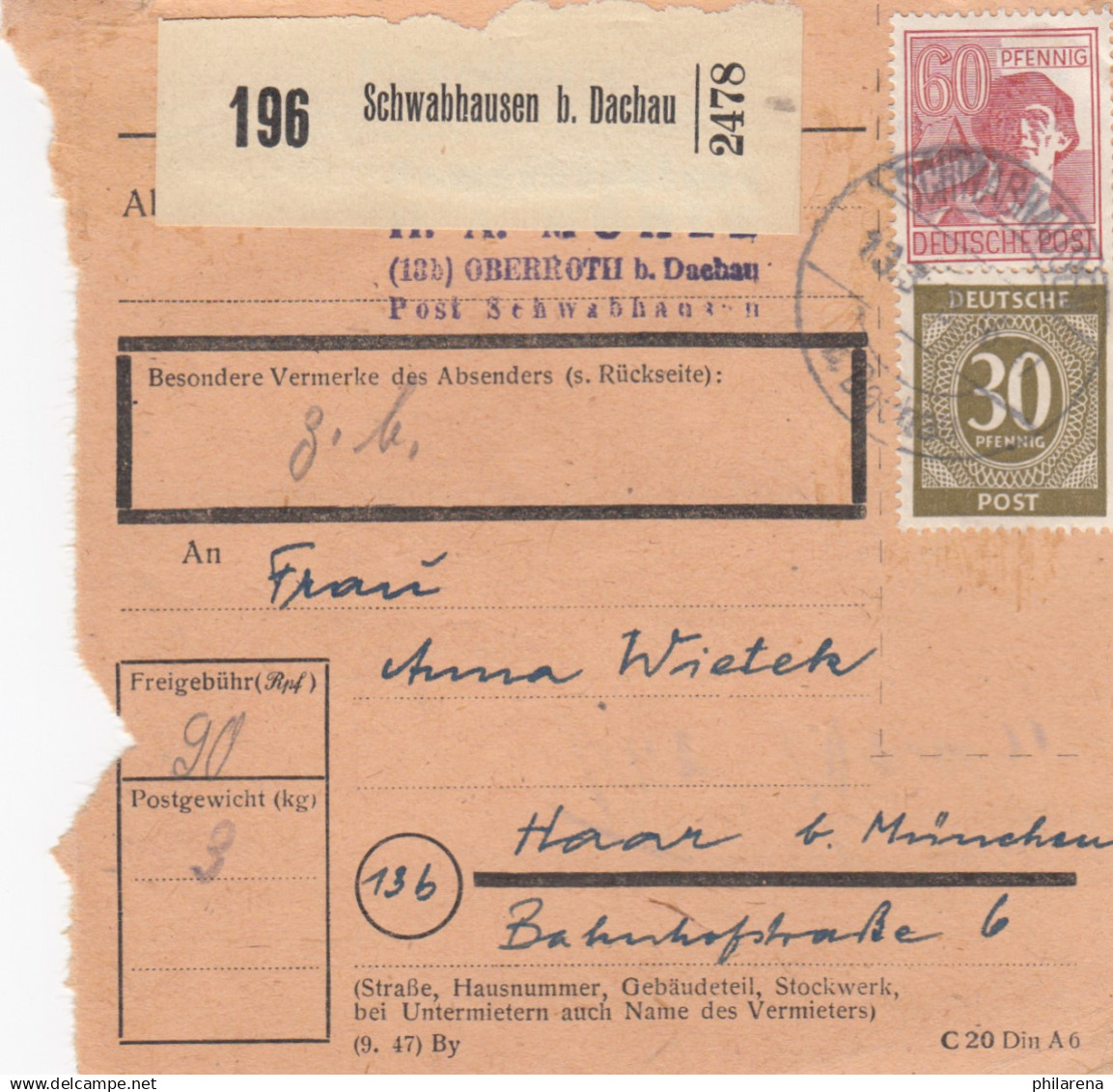 Paketkarte 1948: Schwabhausen Nach Haar B. München - Cartas & Documentos