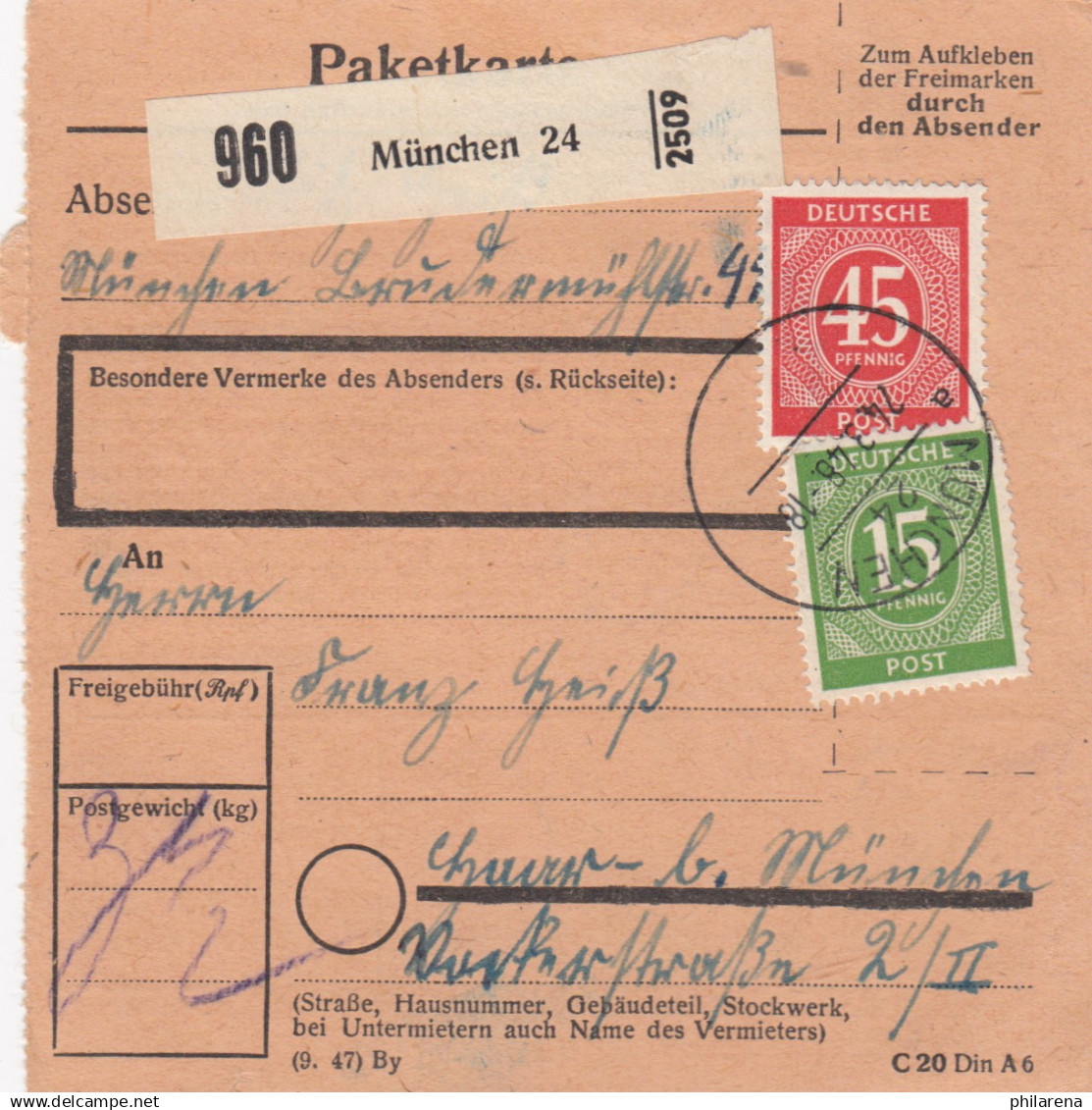 Paketkarte 1948: München Nach Haar - Briefe U. Dokumente